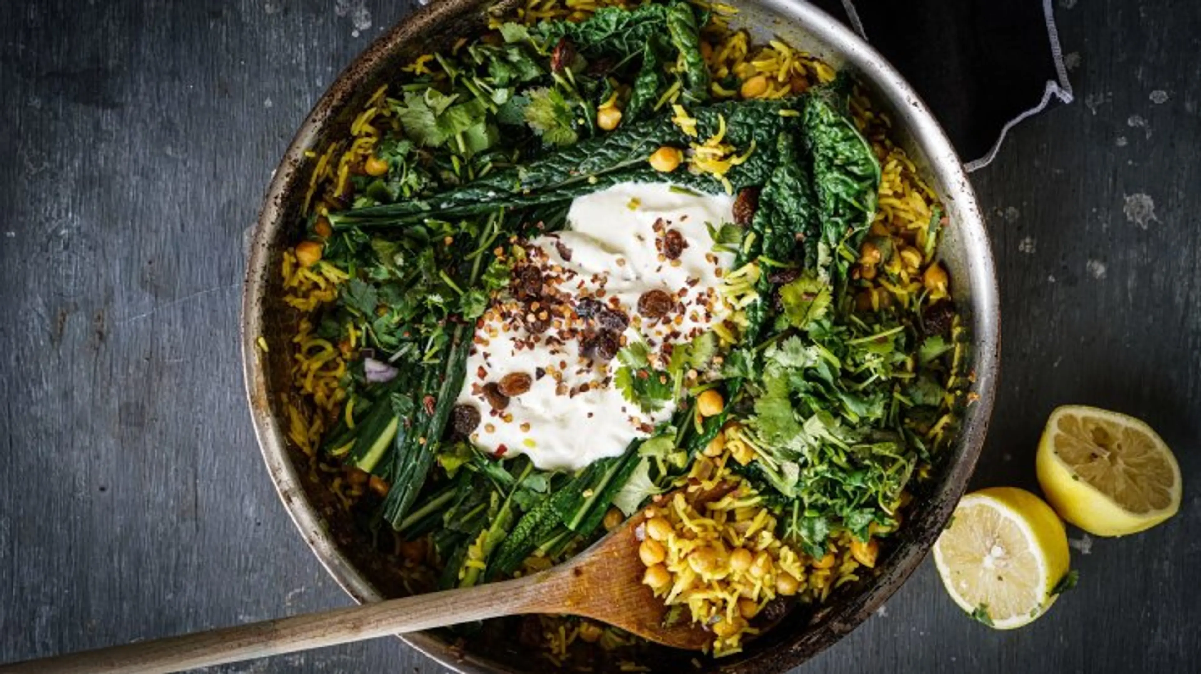 Warm chickpea and rice one-pot wonder with yoghurt and green