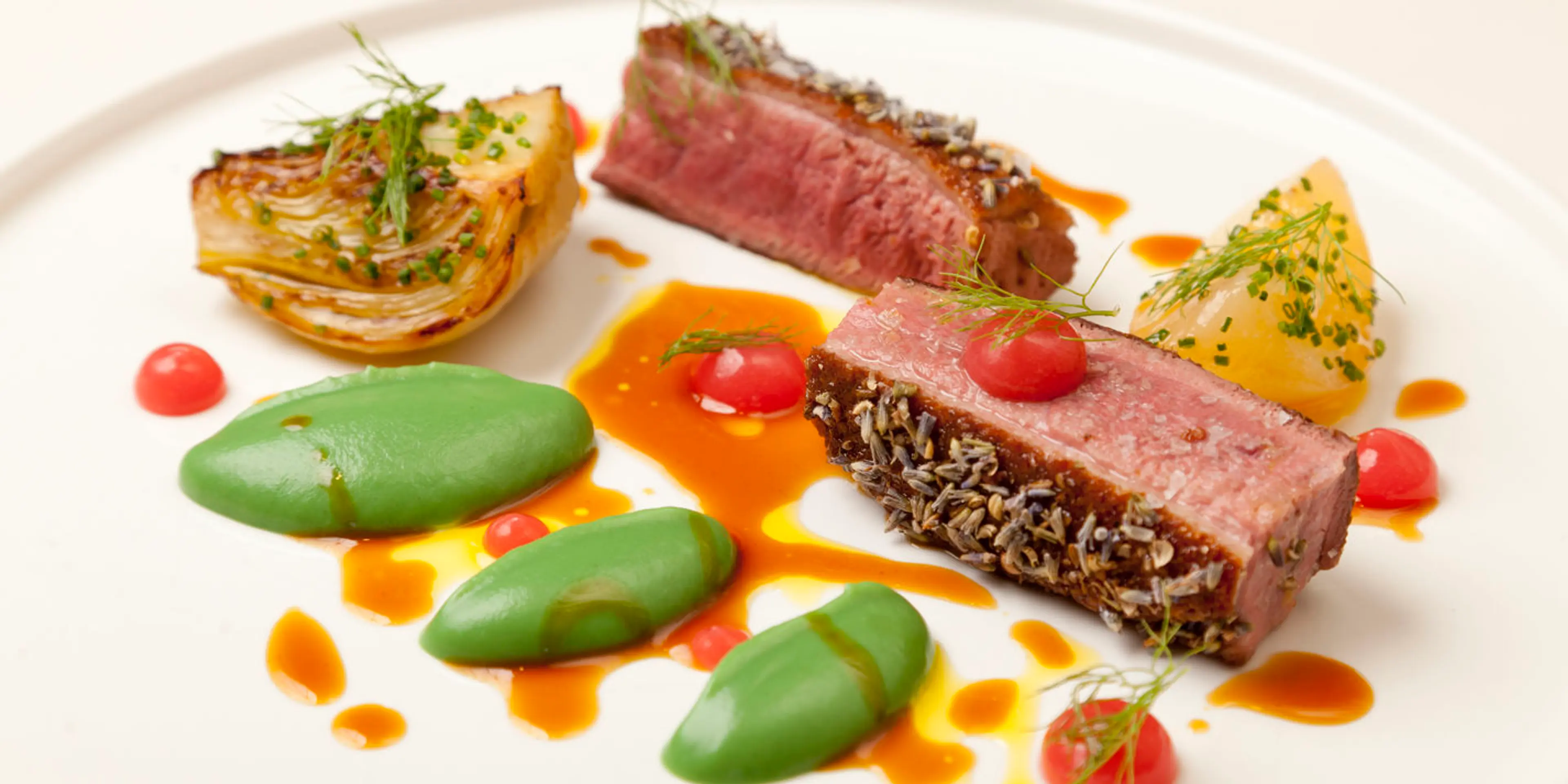 Duck breast with lavender, fennel purée and peach purée