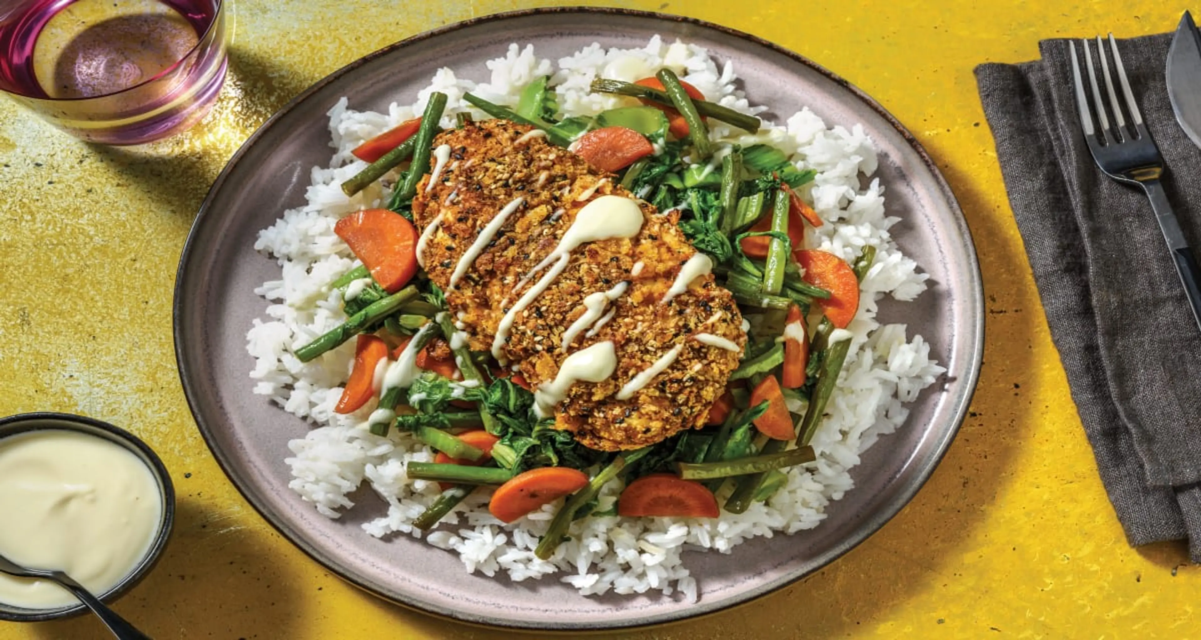 Sesame-Crusted Chicken with Garlic & Ginger Rice