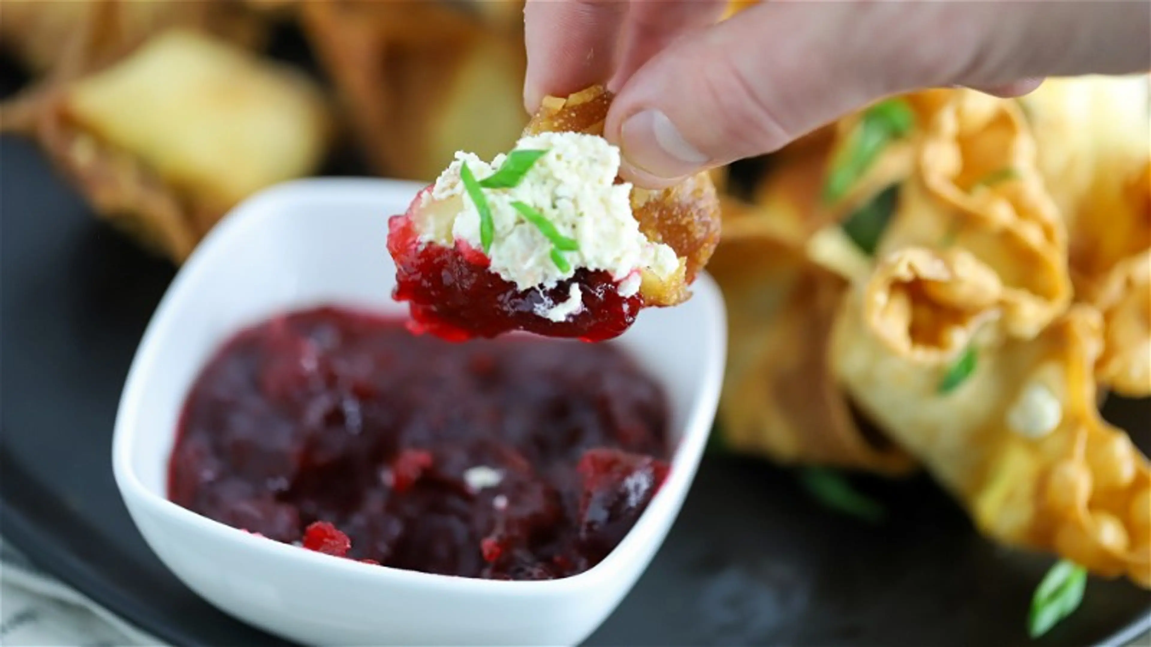 Smoked Salmon Rangoon with Cranberry Dipping Sauce