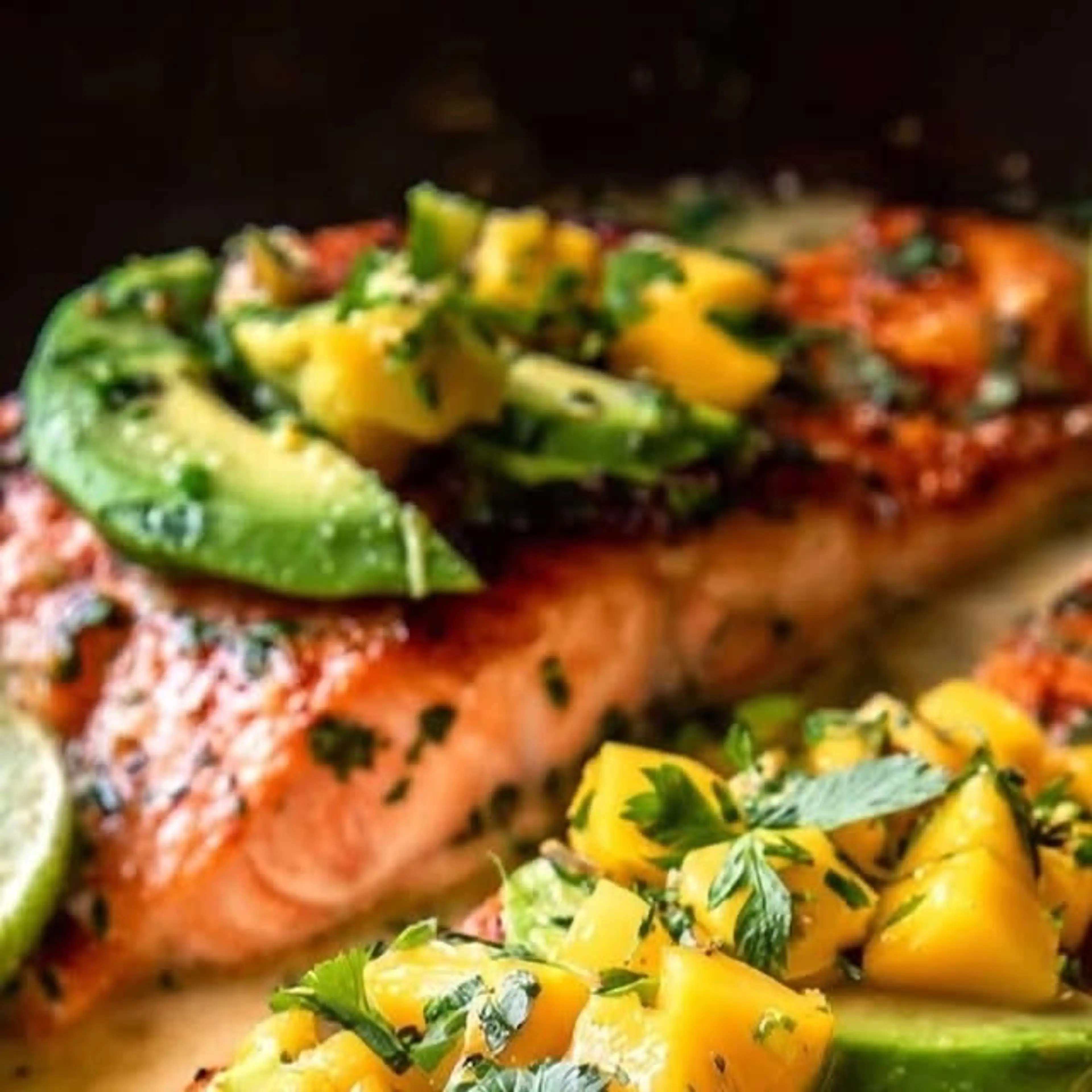 Pan-seared Salmon with Mango Avocado Salsa and Cilantro Lime