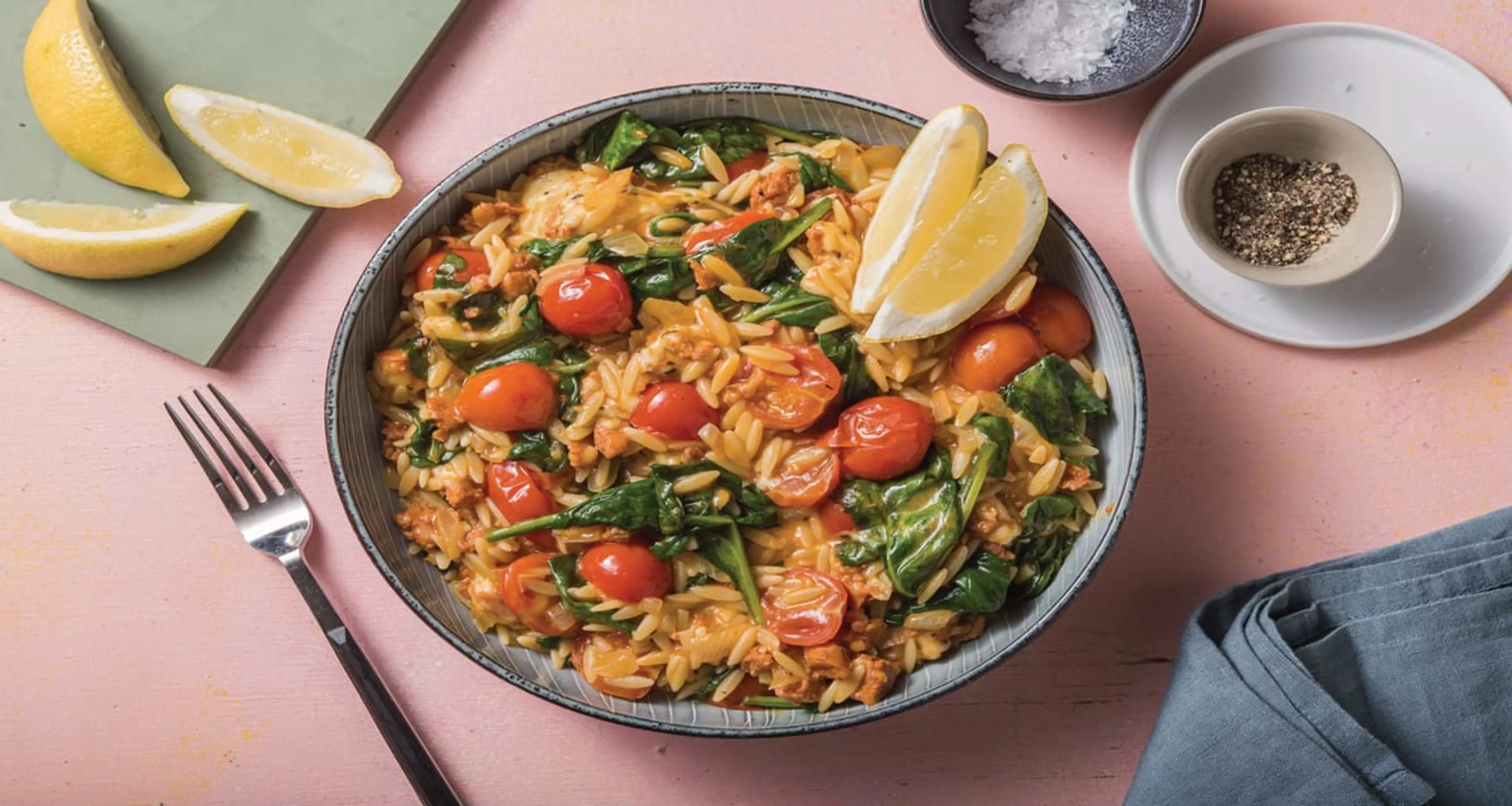 One-Pan Chorizo Risoni Risotto with Cherry Tomatoes, Spinach