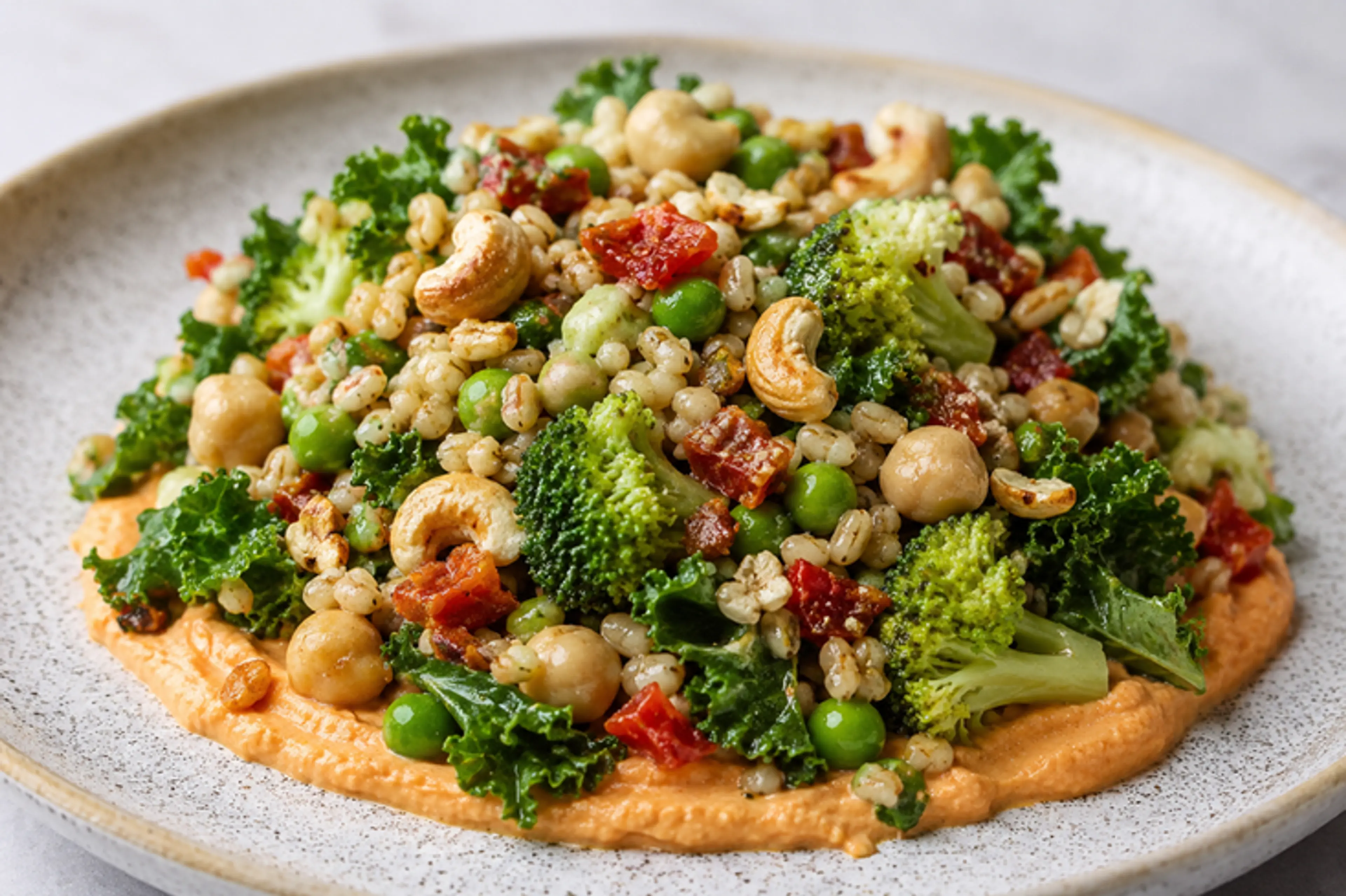 Green Goddess Barley Salad with Red Pepper Hummus