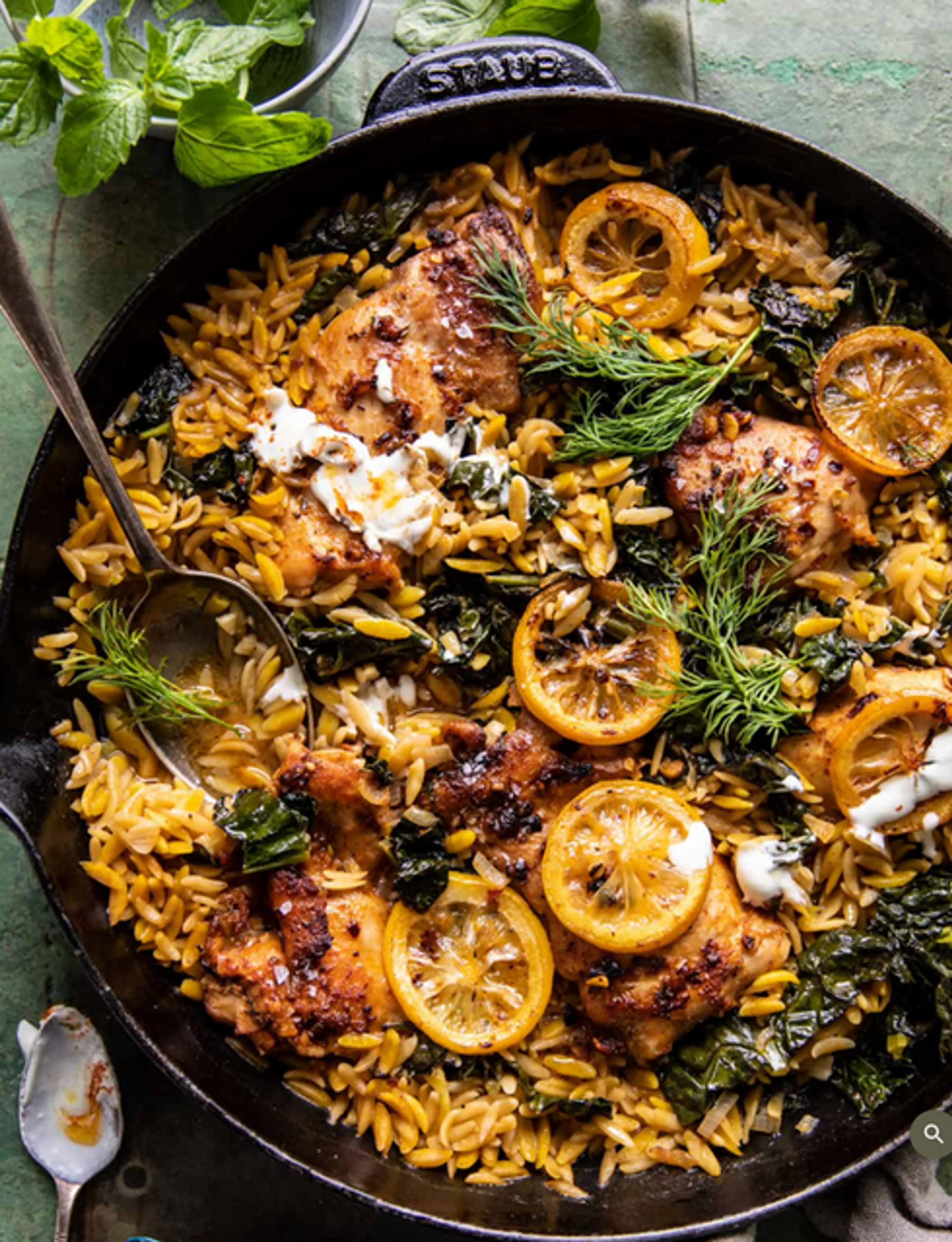 One Skillet Lemon Butter Dijon Chicken and Orzo with Feta Sa