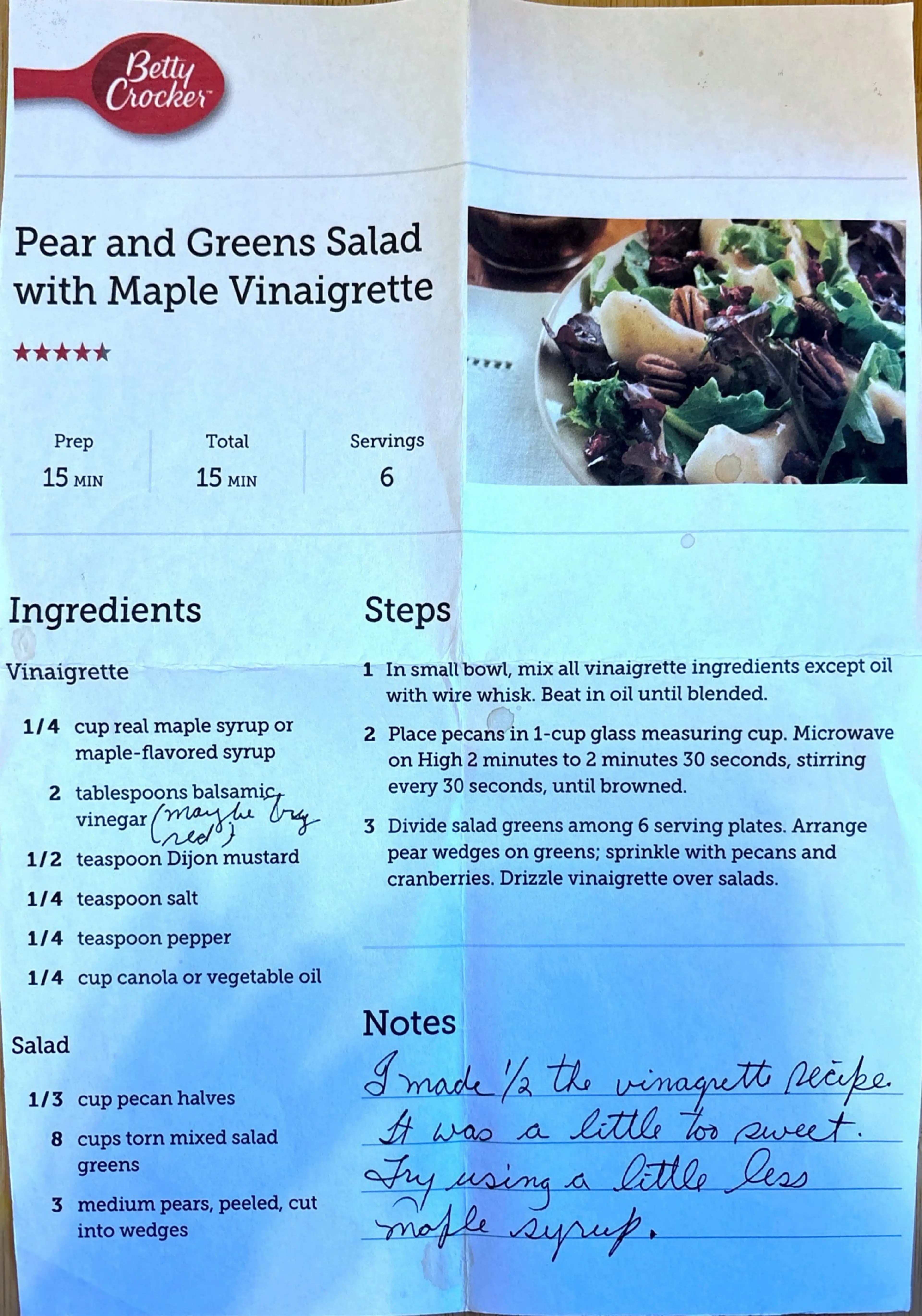 Pear and Greens Salad with Maple Vinaigrette