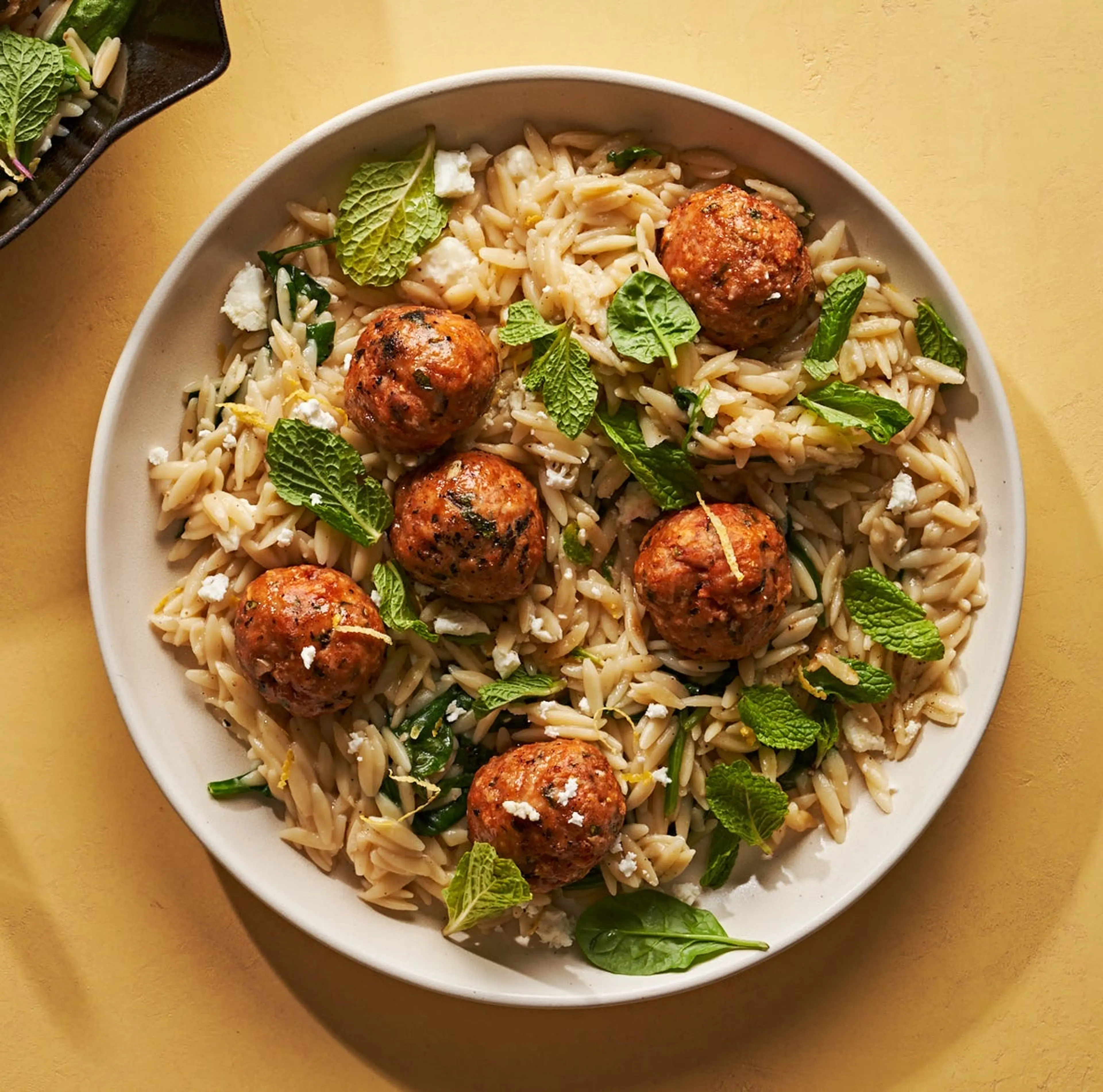 Baked Minty Meatballs With Lemony Orzo