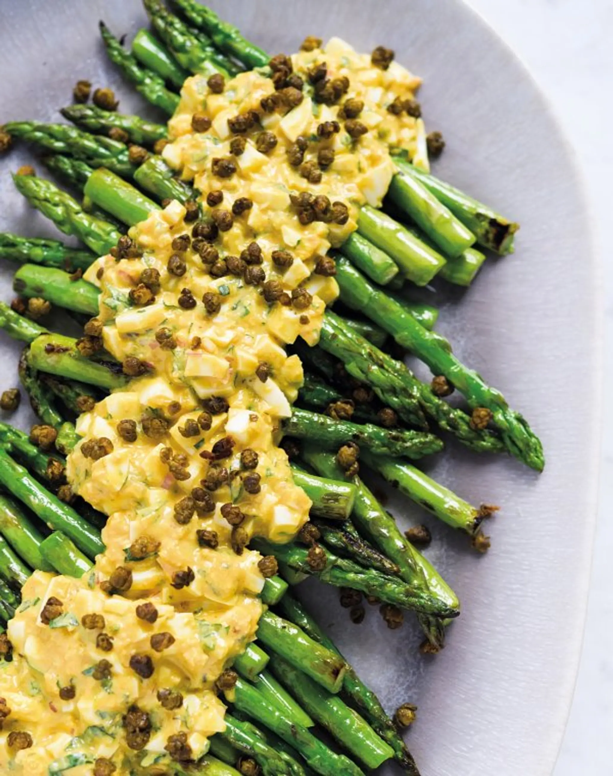Asparagus with Sauce Gribiche and Fried Capers