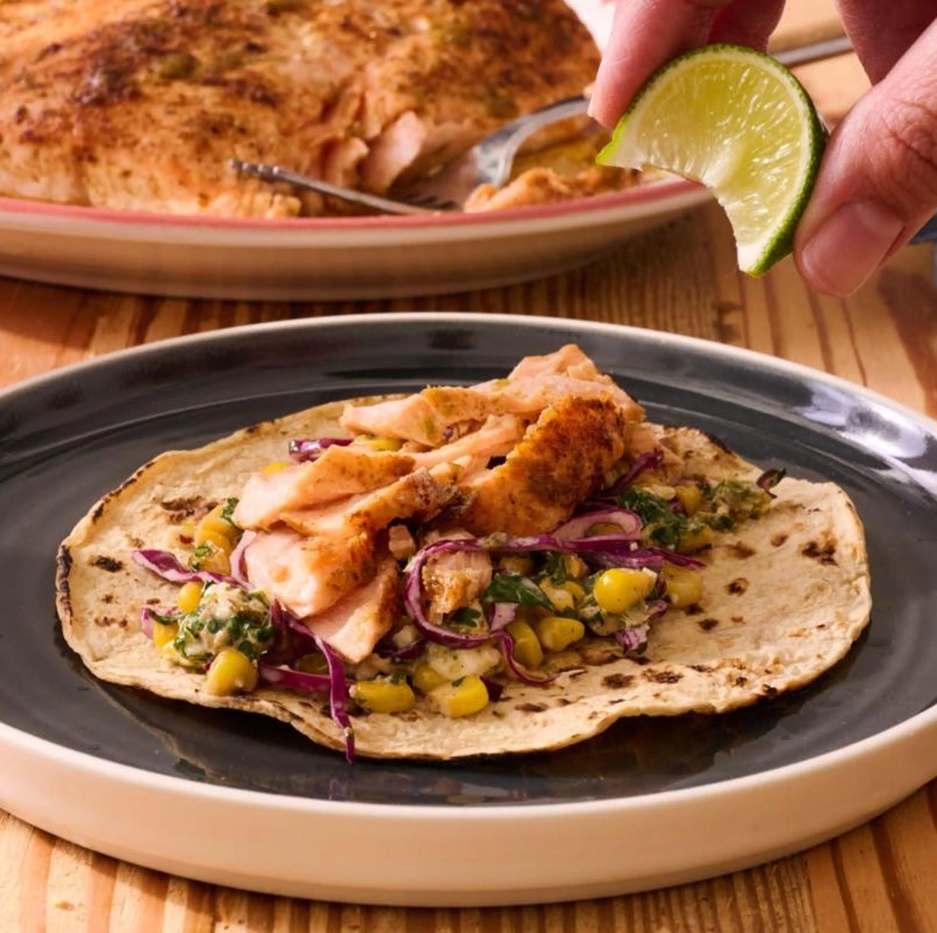 Salmon Tacos with Charred Corn Slaw