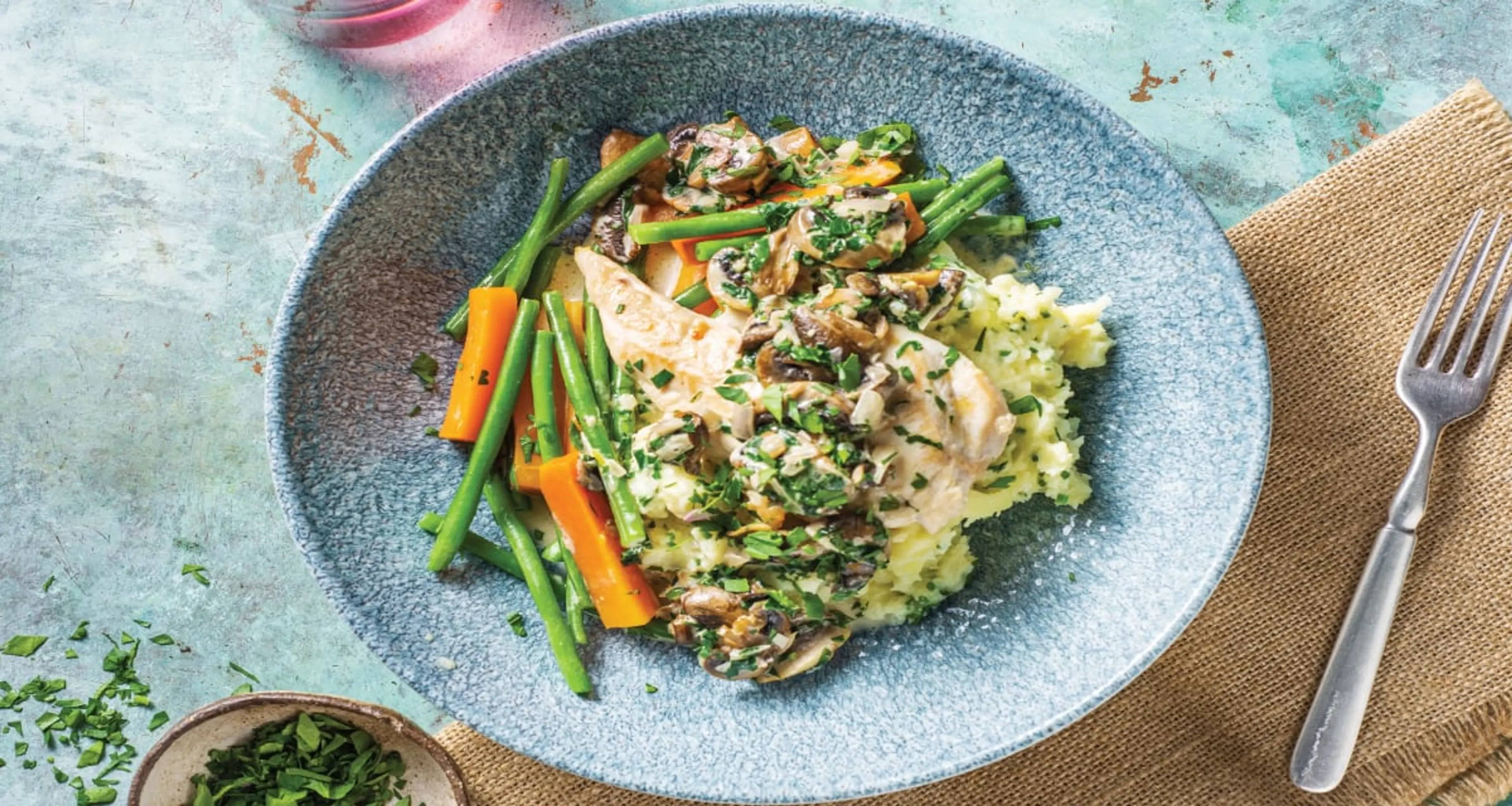 Creamy Mushroom Chicken with Mash & Steamed Veggies