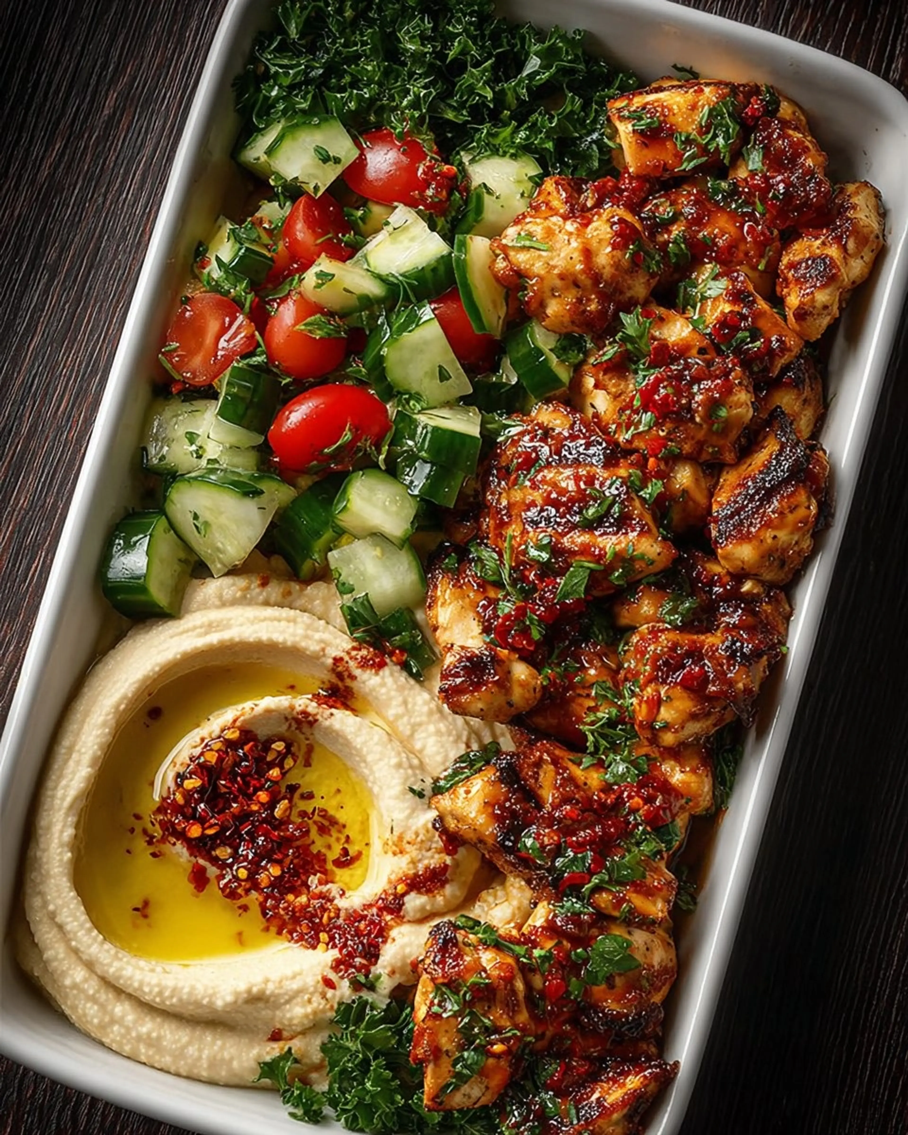 Spicy Garlic Chicken Bowl with Hummus & Cucumber Salad