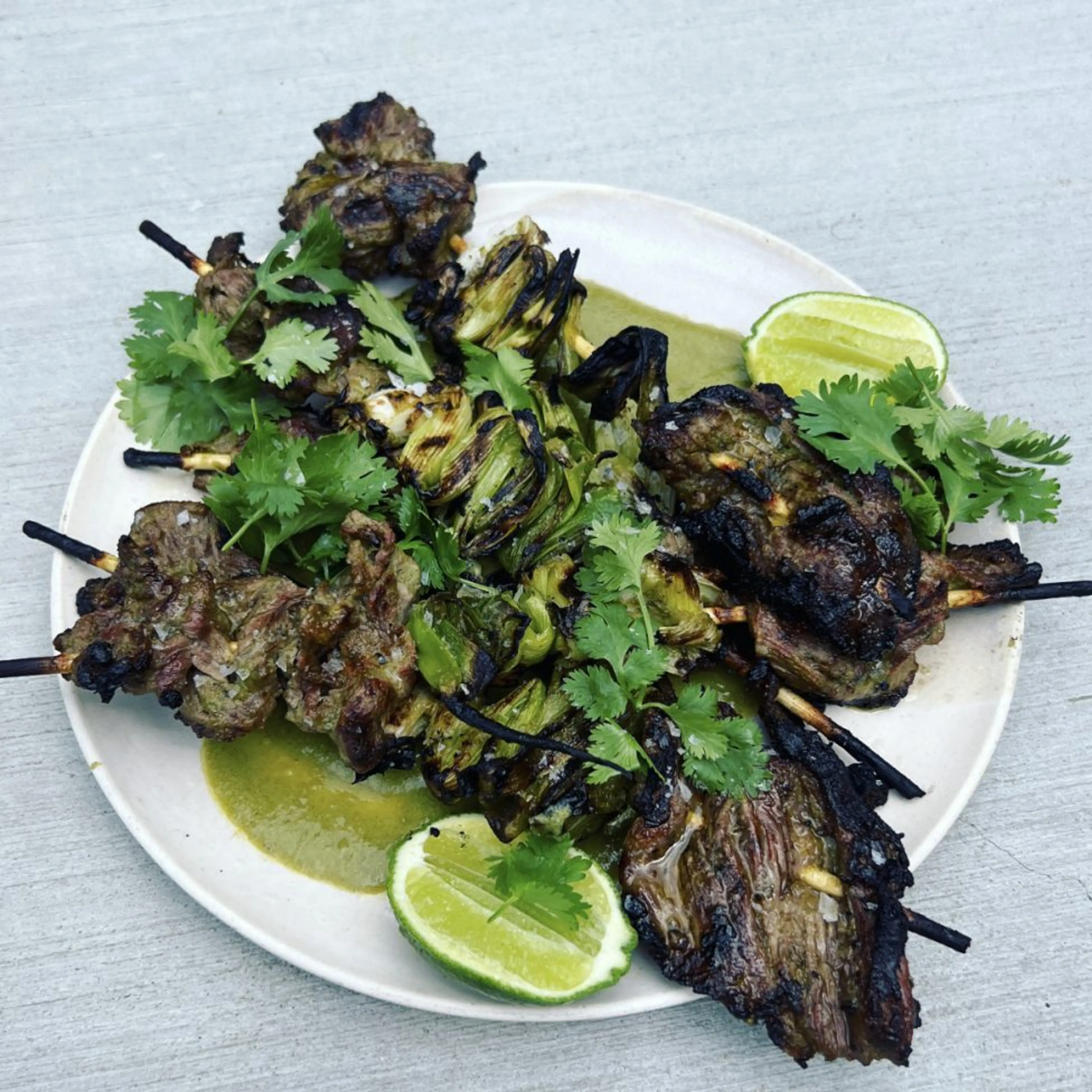 Beef and Scallion Skewers with Spicy Coconut Green Sauce