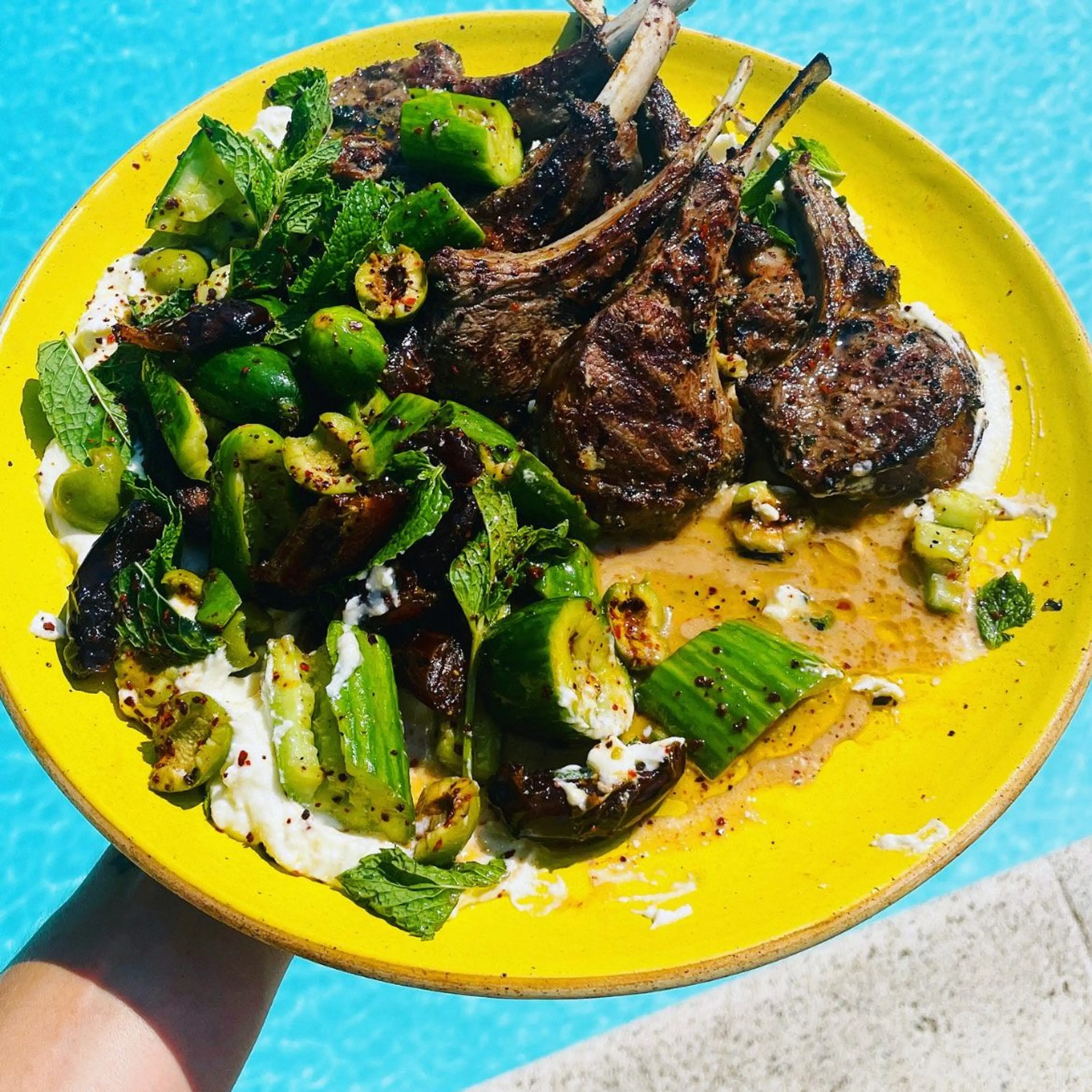 Minty Lamb Chops with Charred Dates, Whipped Feta, and Smash