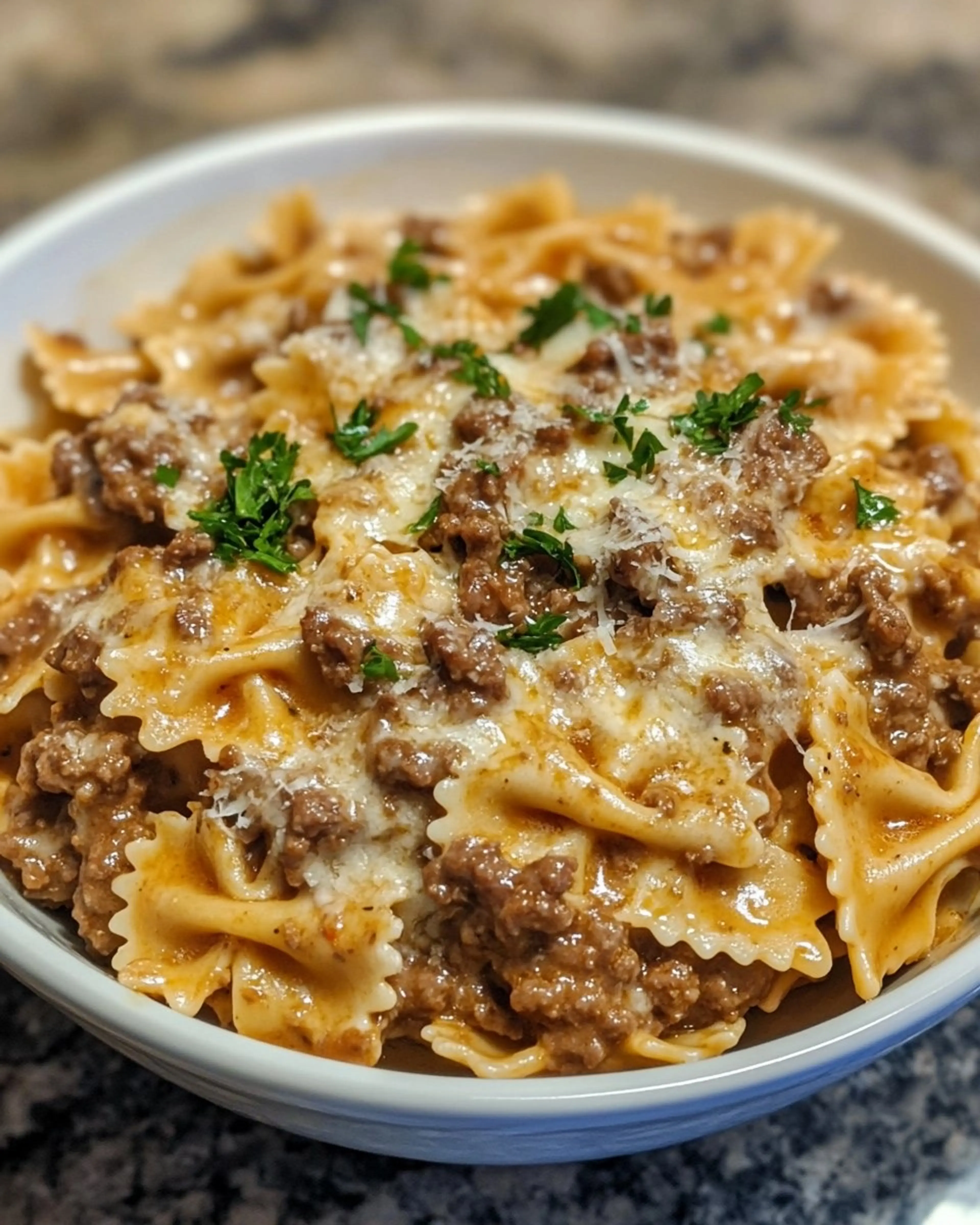 Creamy Garlic Beef Bowties in Parmesan Alfredo Sauce