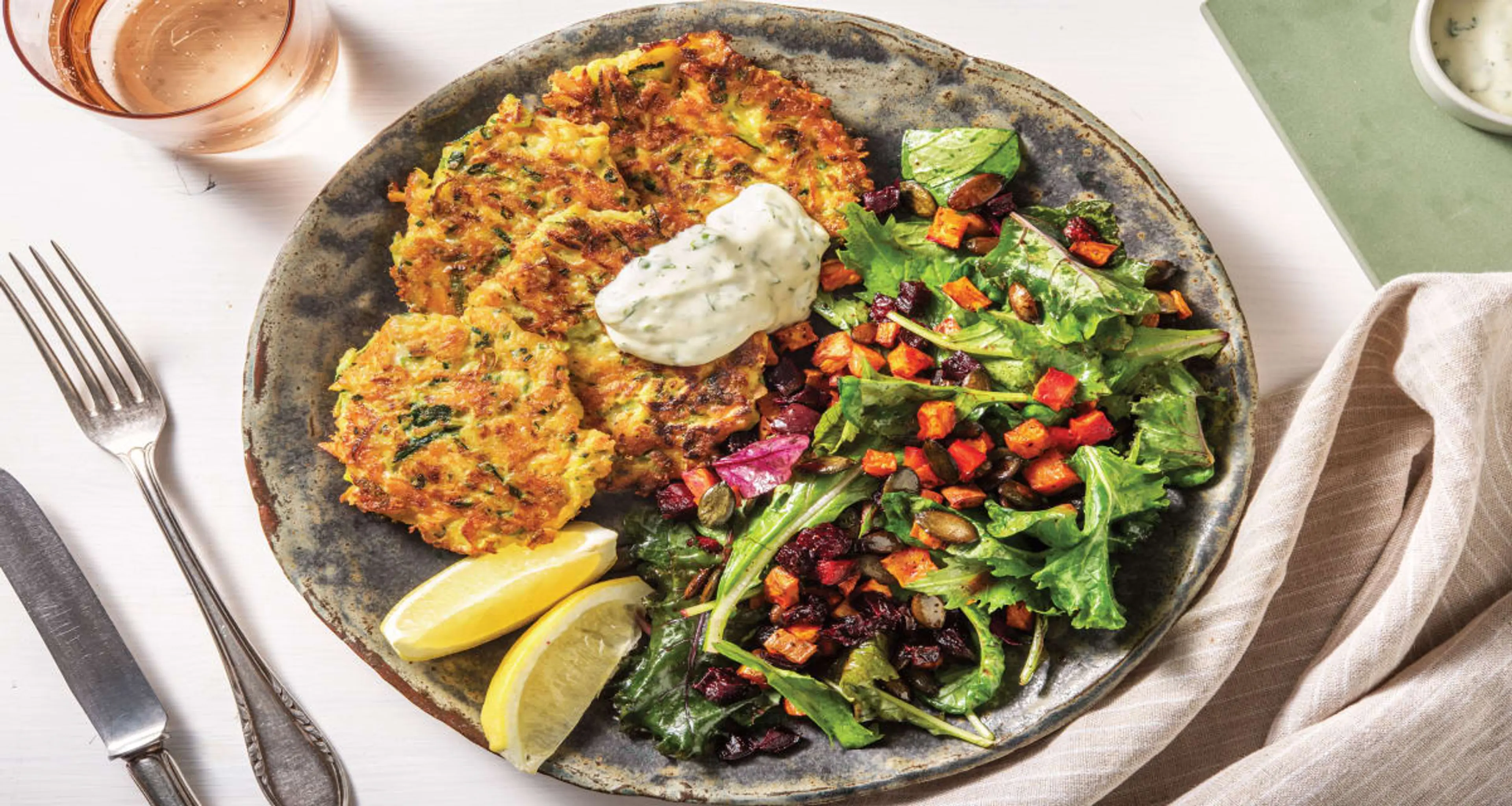 Golden Zucchini, Carrot & Cheddar Fritters with Sweet Potato