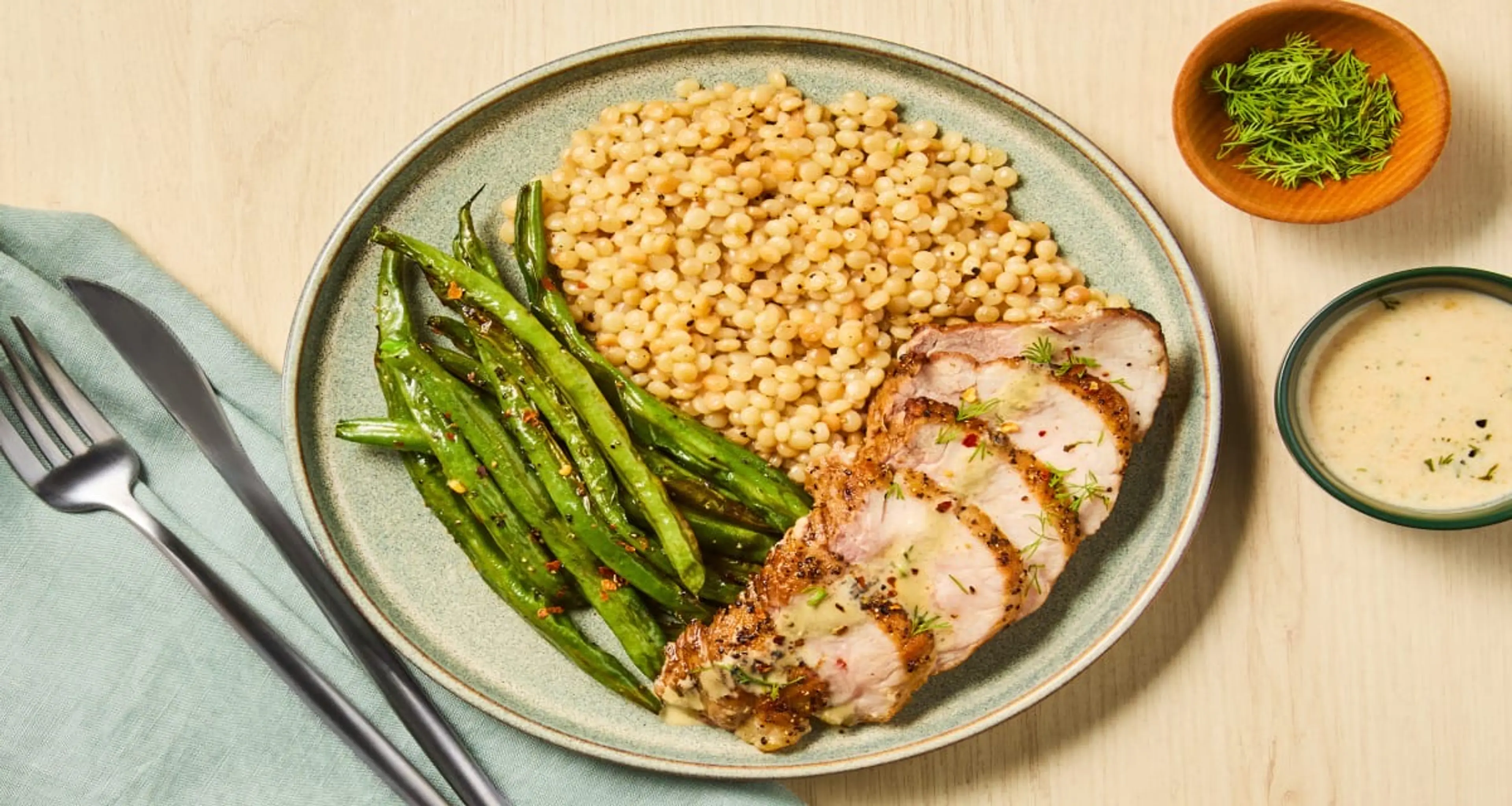 Creamy Dill Pork Filet with Couscous & Green Beans