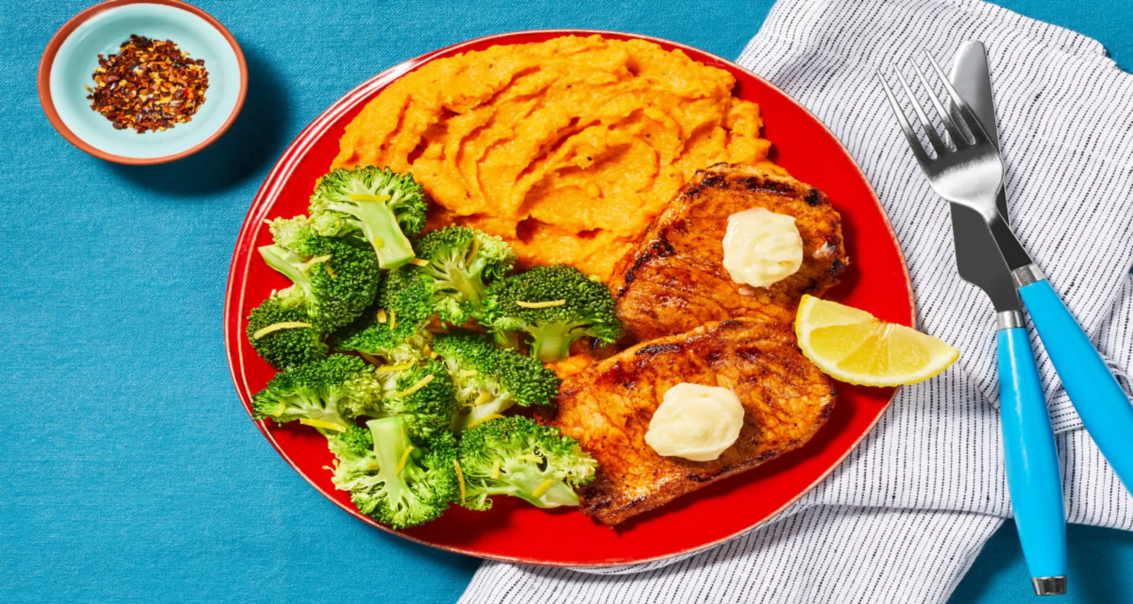 Honey-Butter BBQ Pork Cutlets with Mashed Sweet Potatoes & B
