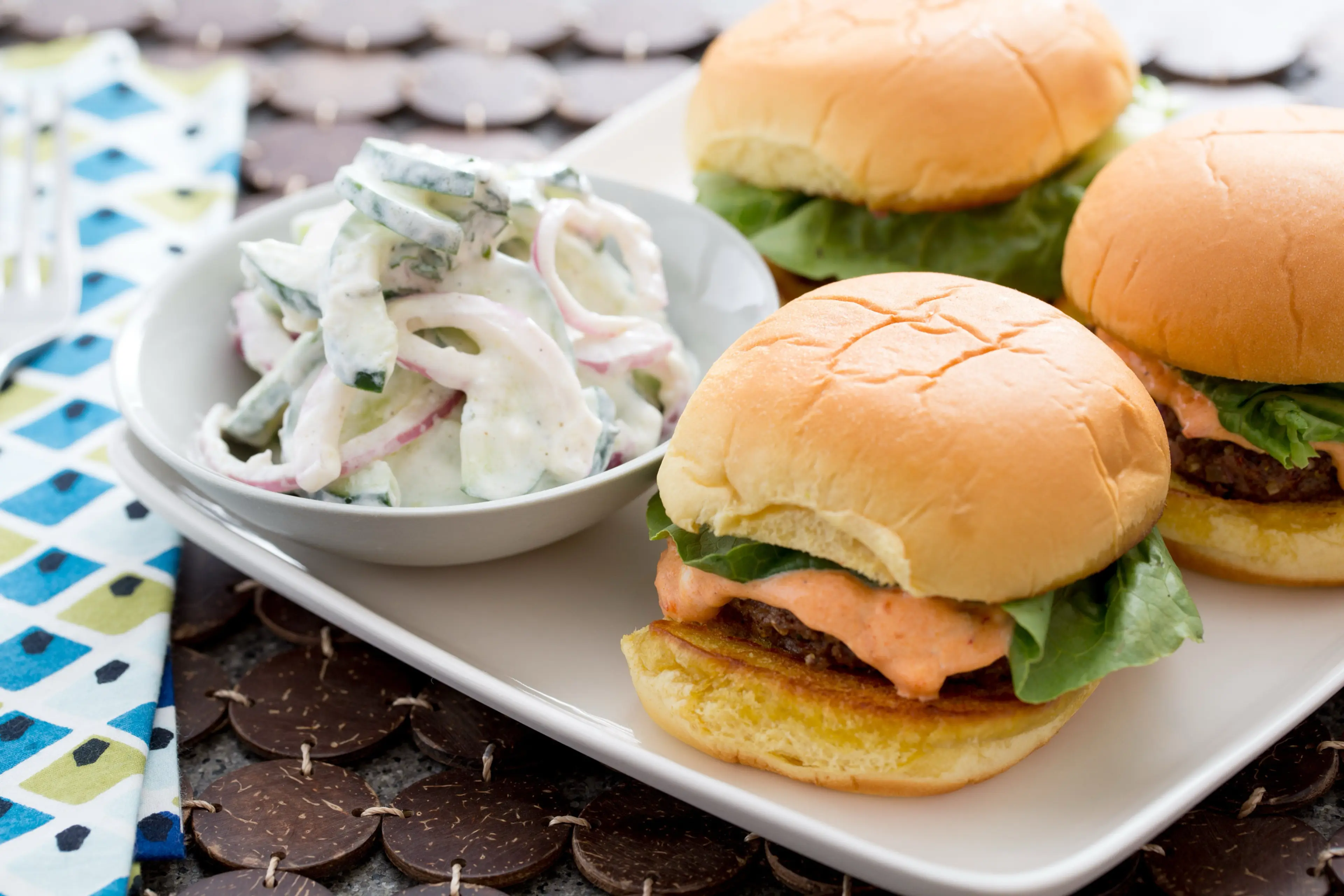 Lamb & Beef Sliders with Harissa-Labneh Sauce & Cucumber Sal