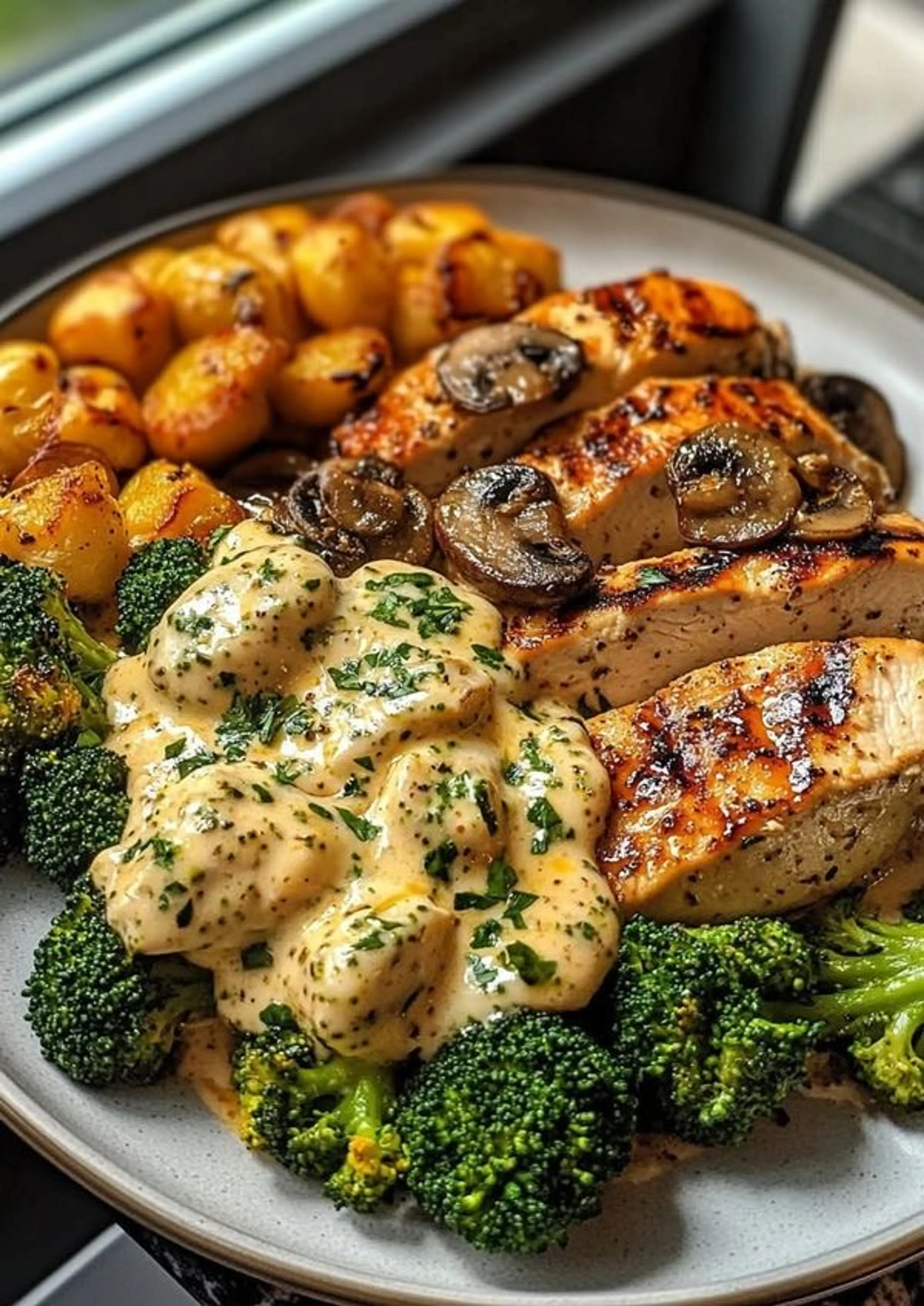 Tuscan Garlic Chicken Alfredo with Cheesy Broccoli & Roasted