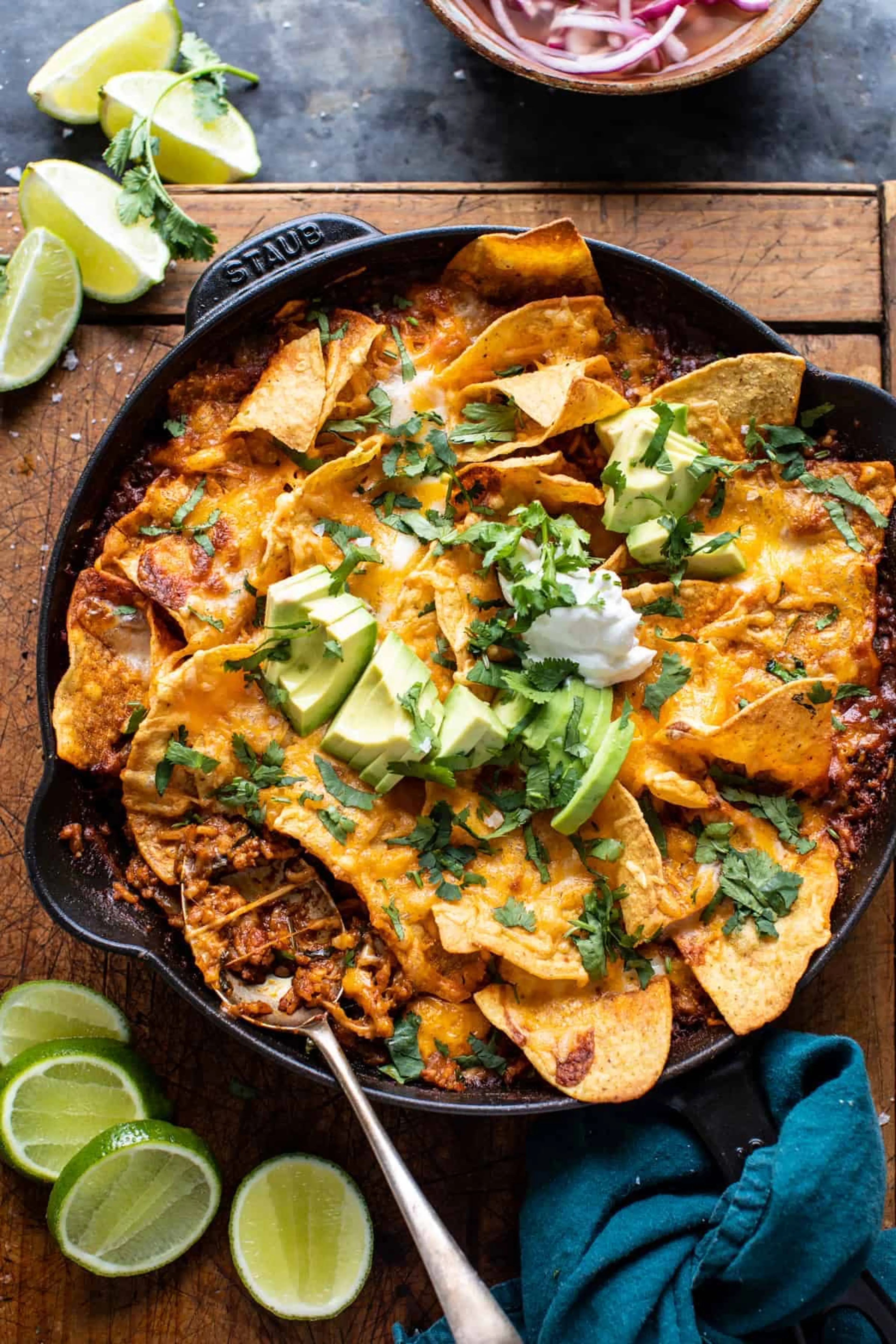 One Skillet Saucy Chicken Tortilla Enchilada Rice Bake