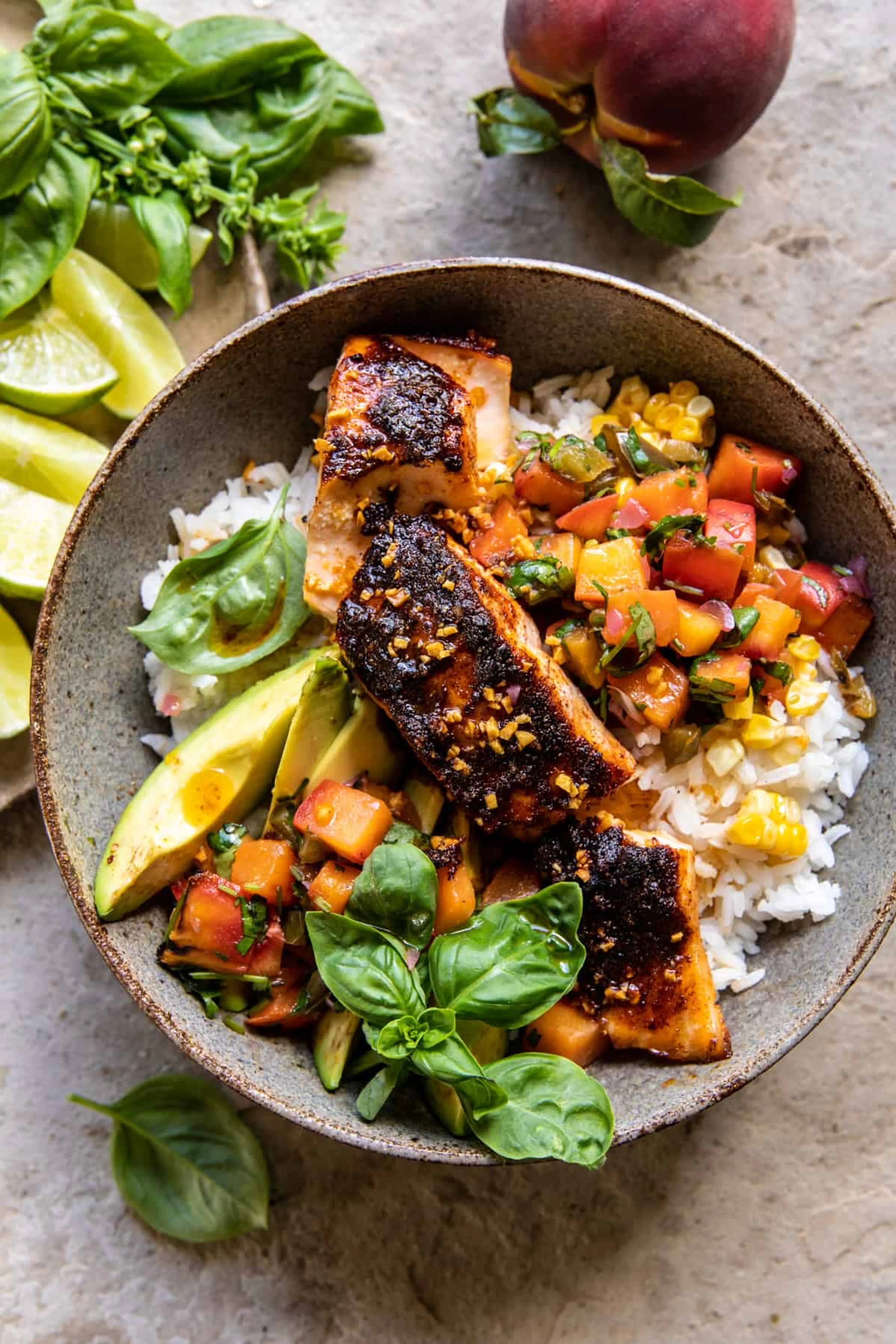 BBQ Salmon Bowls with Jalapeño-Peach Salsa