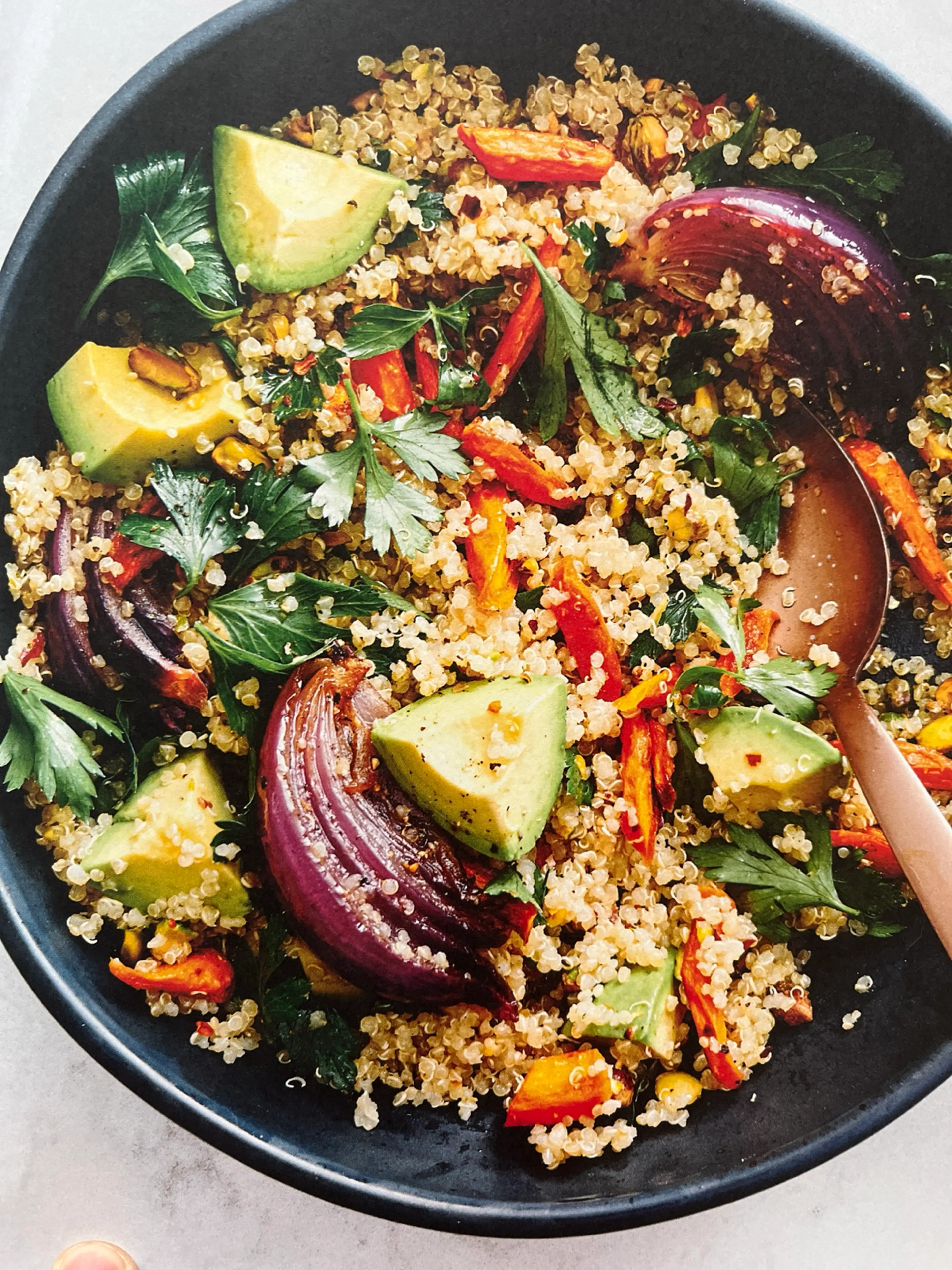 Roasted Carrot, Avocado, Pistachio, and Quinoa Salad