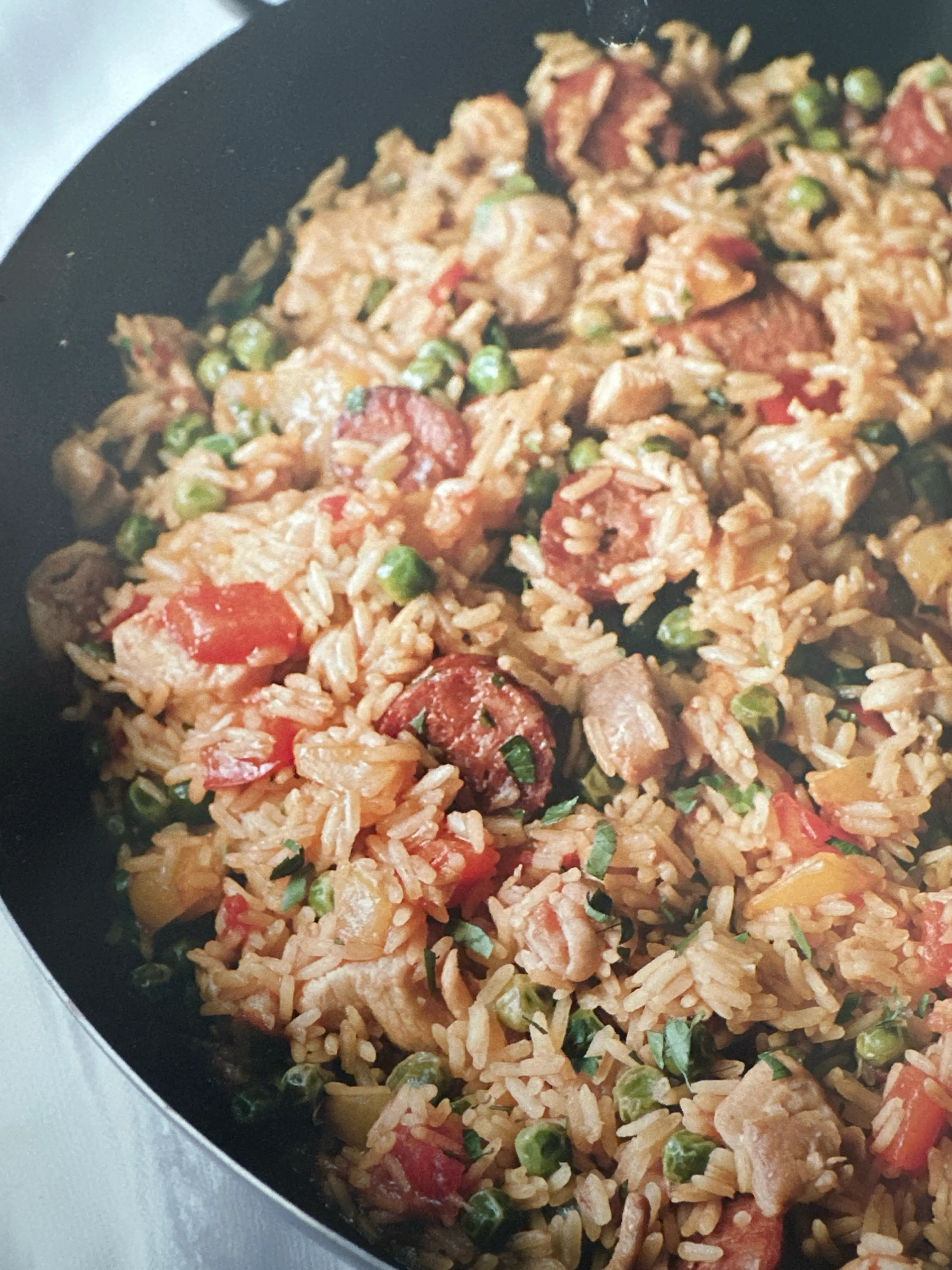 Paella with chicken and chorizo