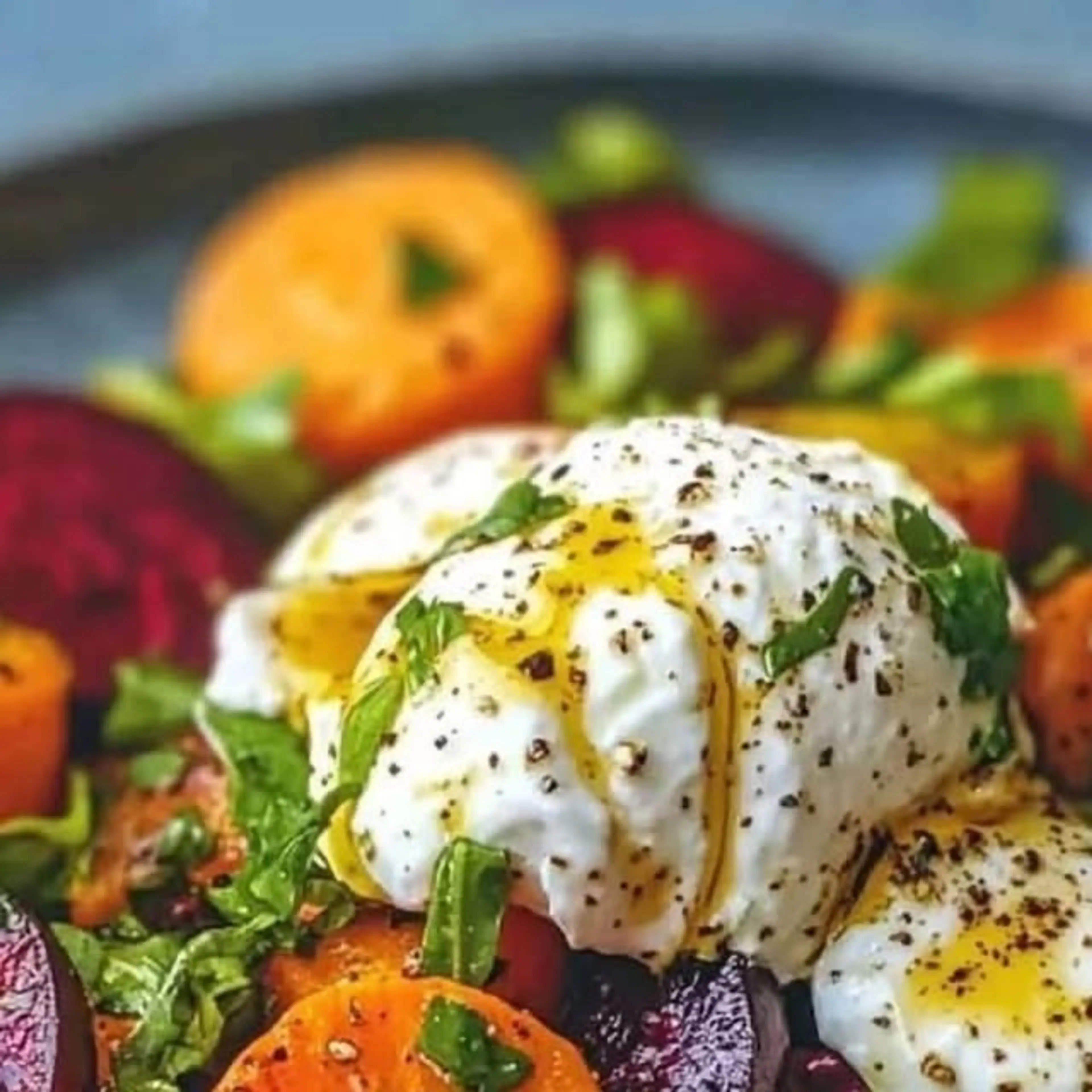Roasted Beets and Carrots Salad with Burrata and Honey Balsa