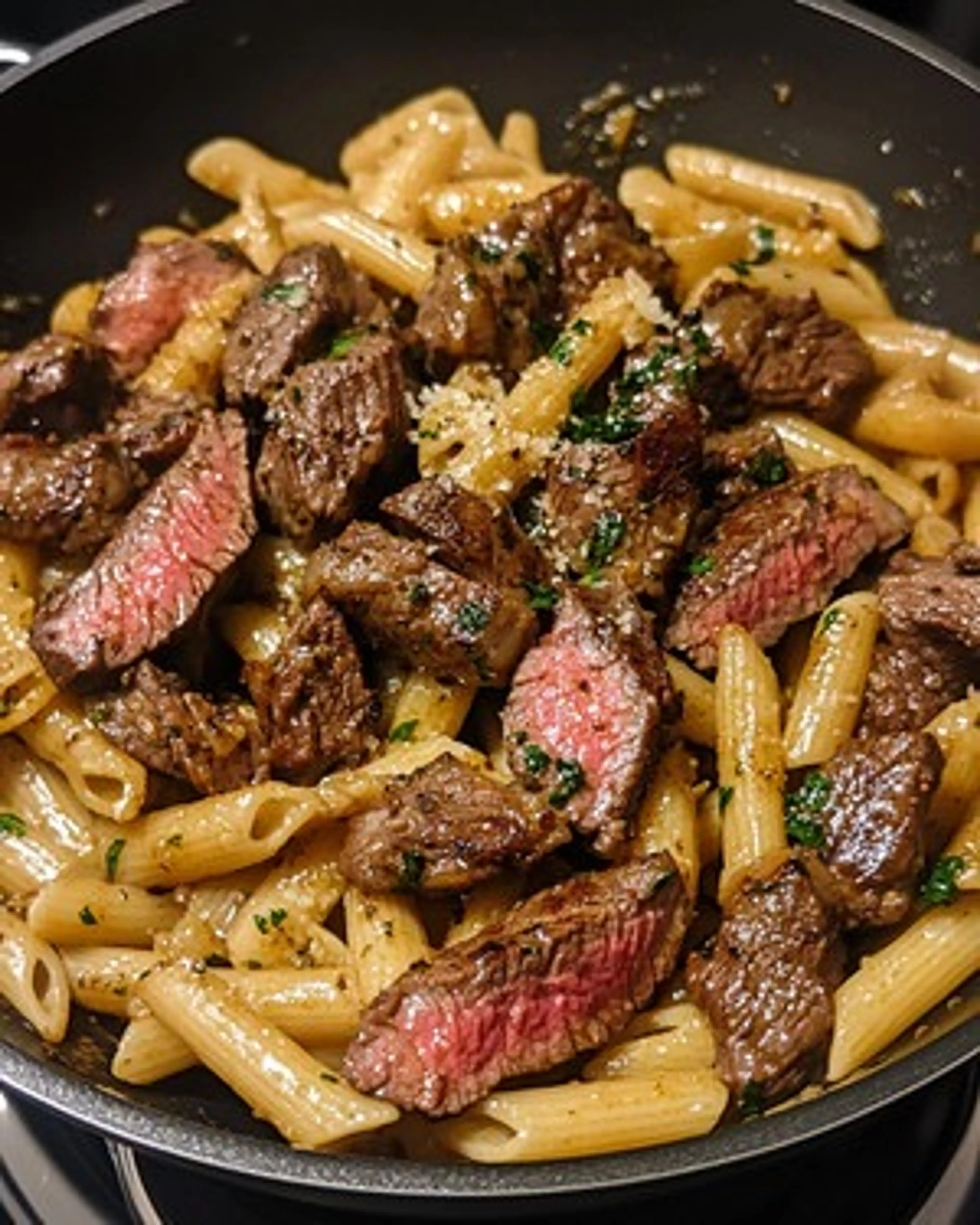 One-Skillet Spicy Garlic Butter Parmesan Steak Pasta