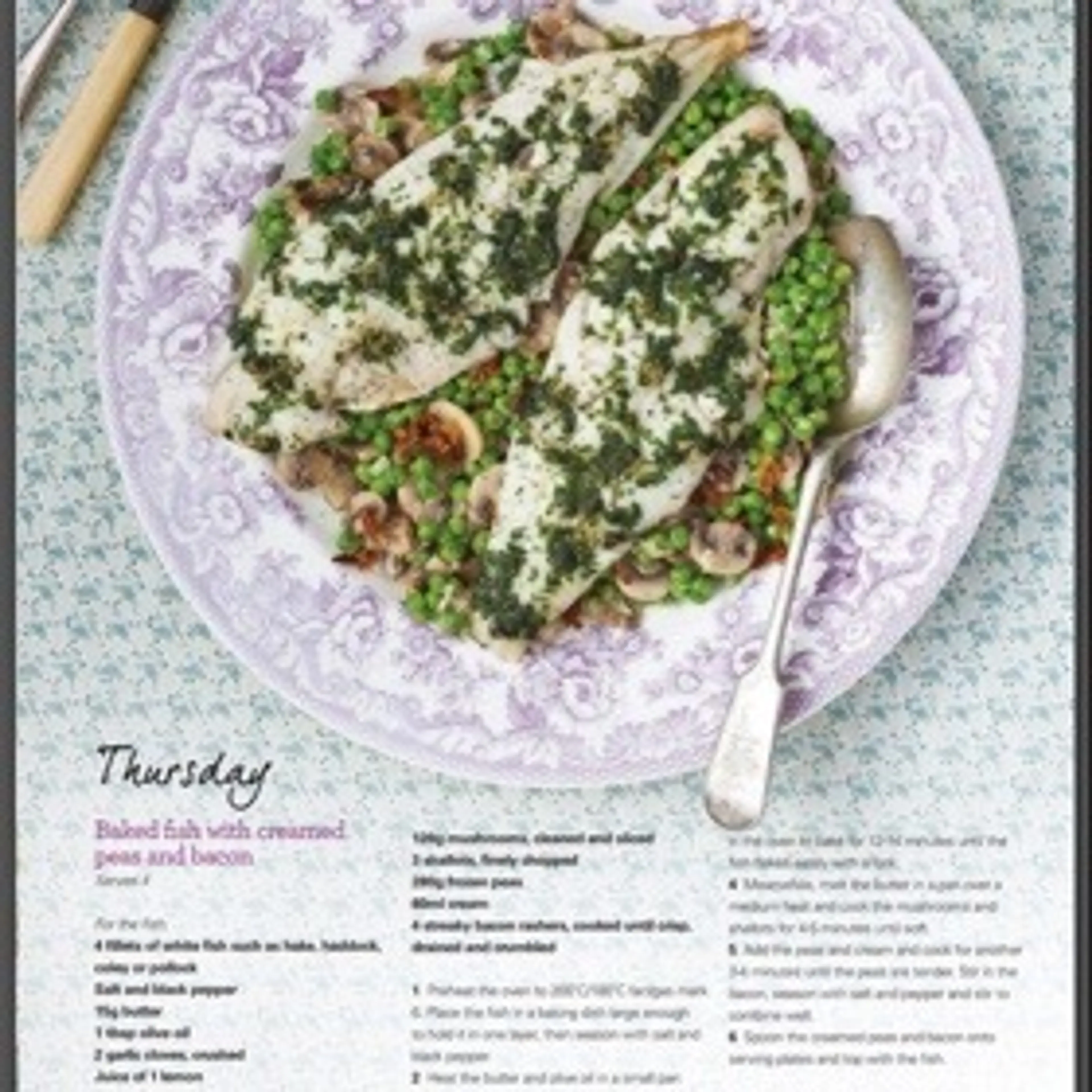 Baked fish with creamed peas and bacon