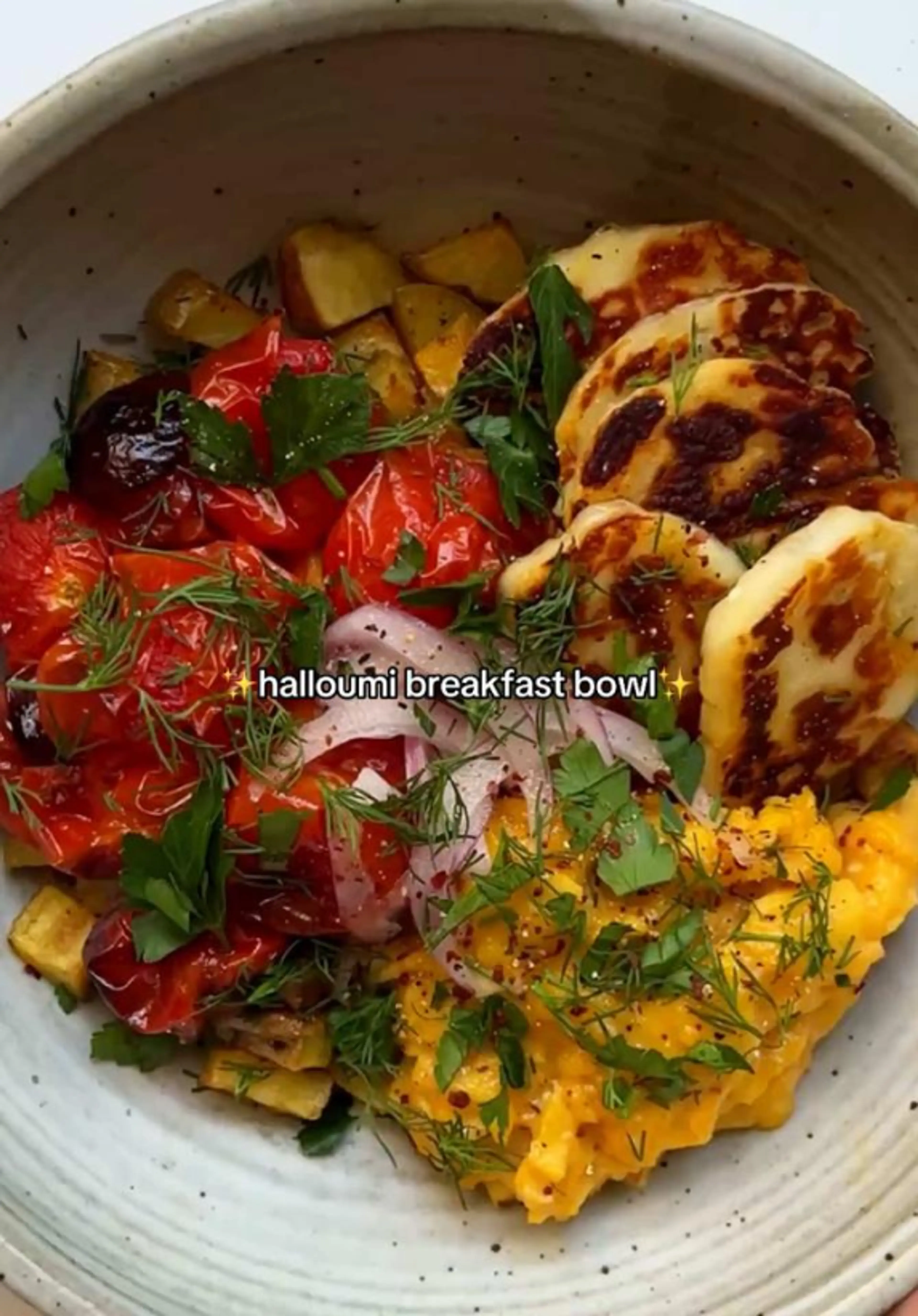 Halloumi Breakfast Bowl with Roasted Potatoes & Tomatoes and