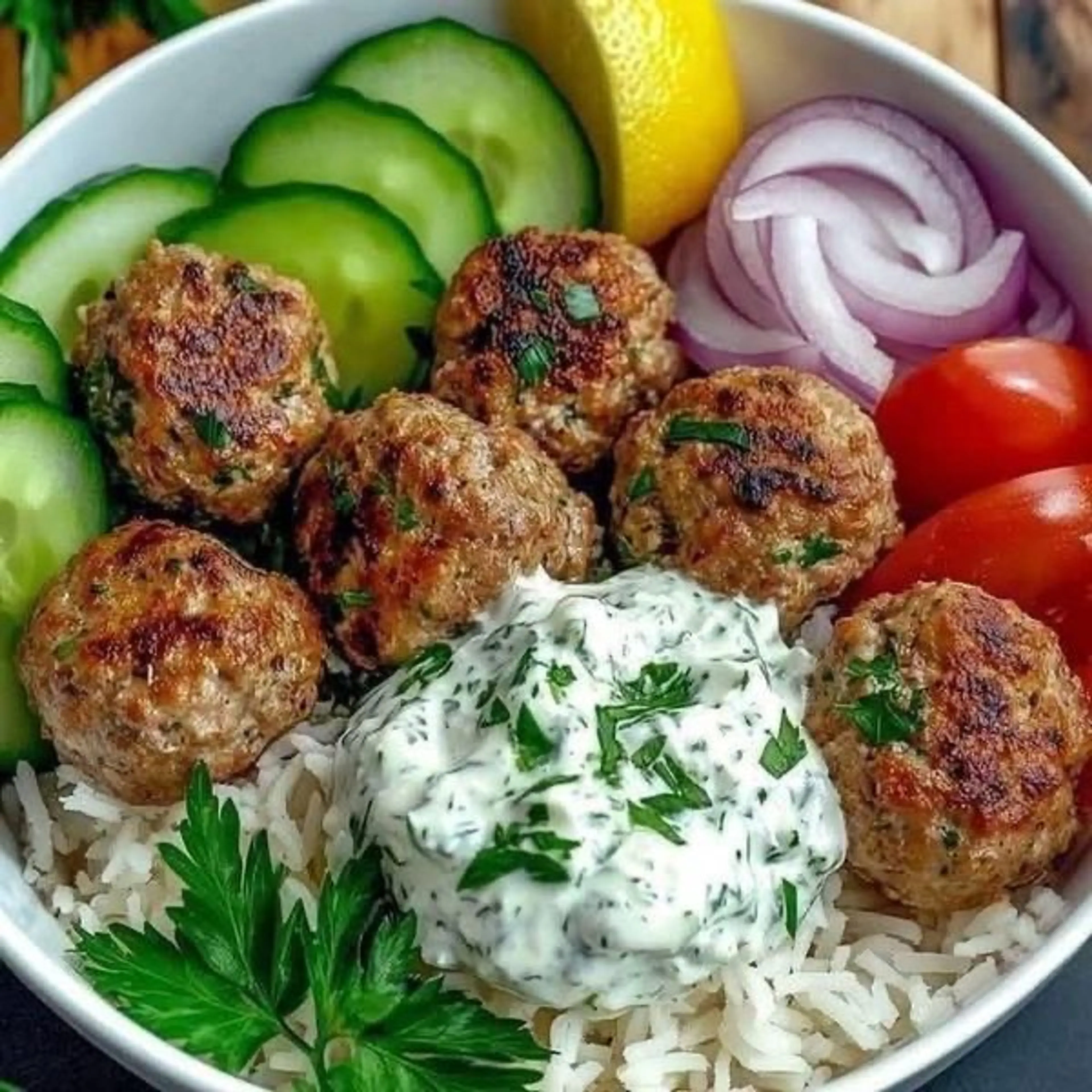 Greek Meatball Bowl with Tzatziki, Rice & Fresh Veggies
