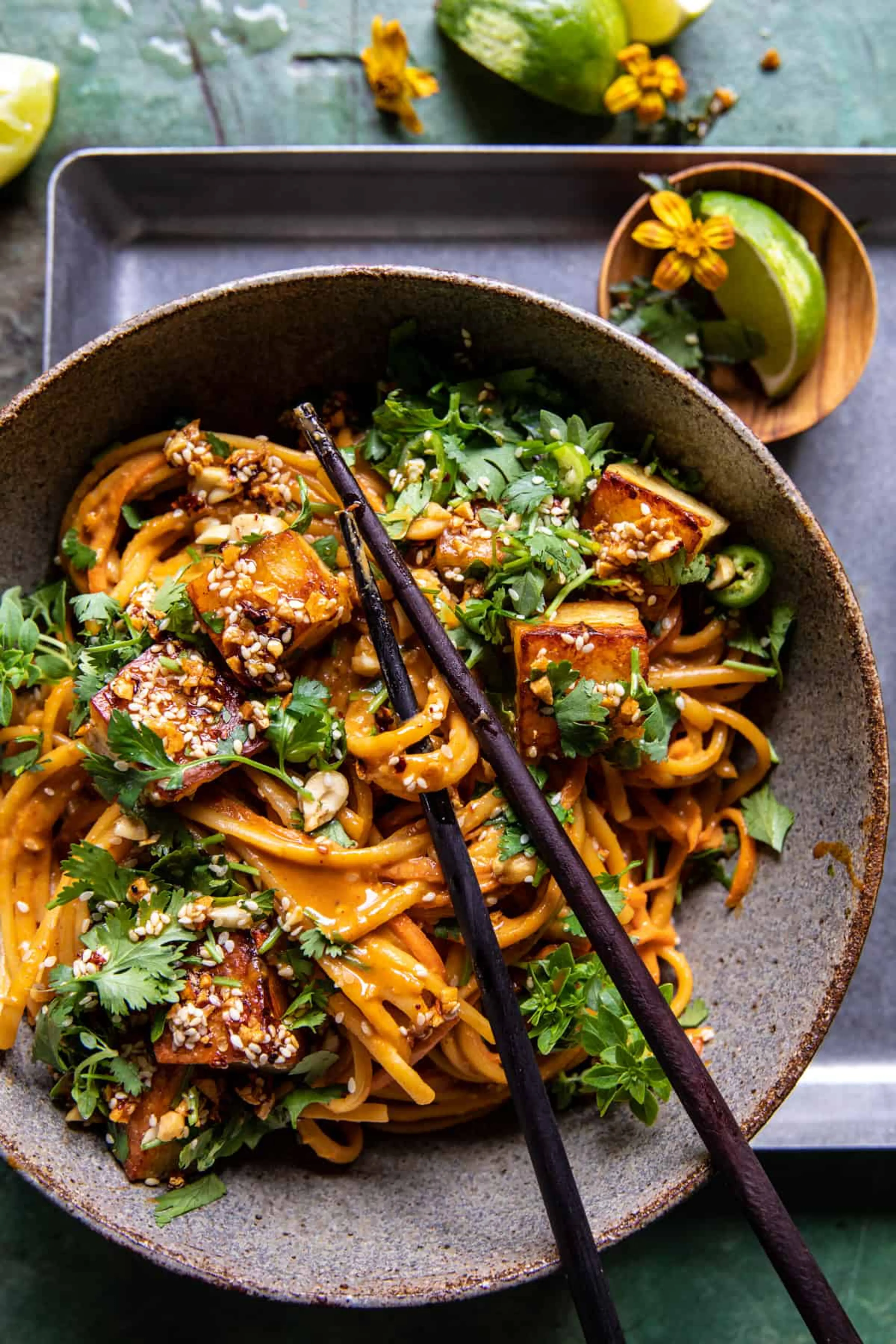 Chili Crisp Peanut Noodles with Crispy Halloumi