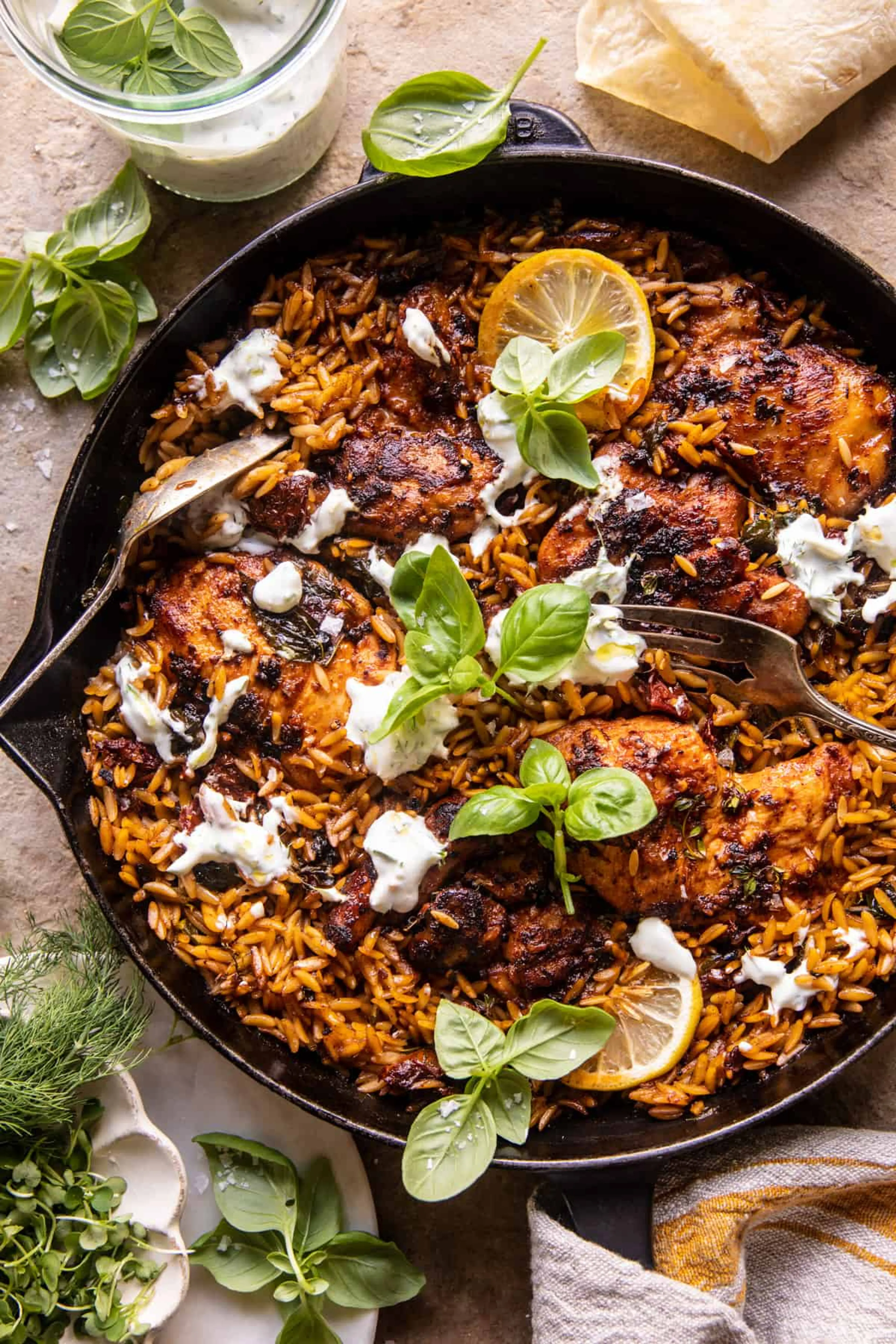 One Skillet Tzatziki Chicken and Orzo