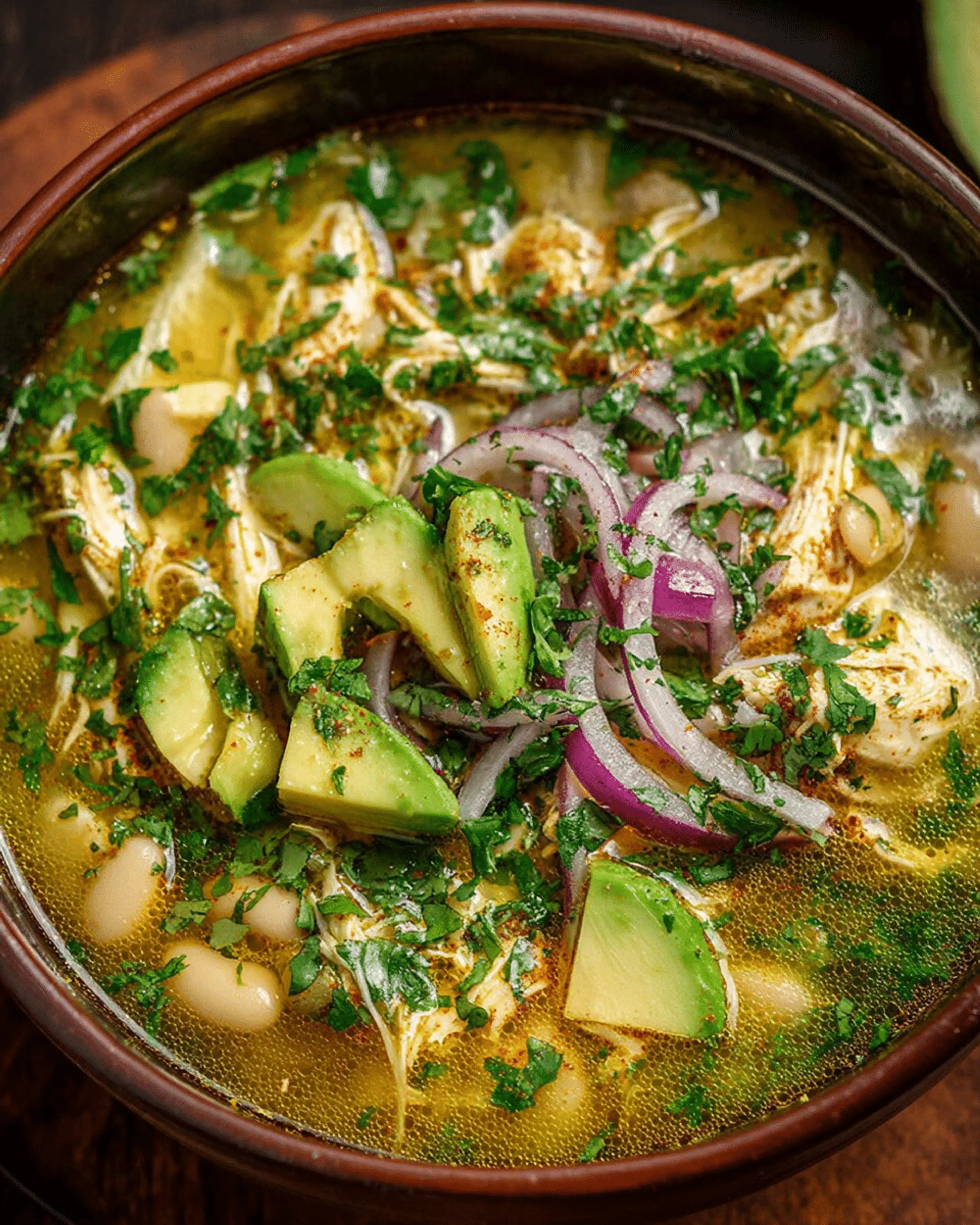 Zesty Green Chicken Chili Soup with White Beans & Avocado