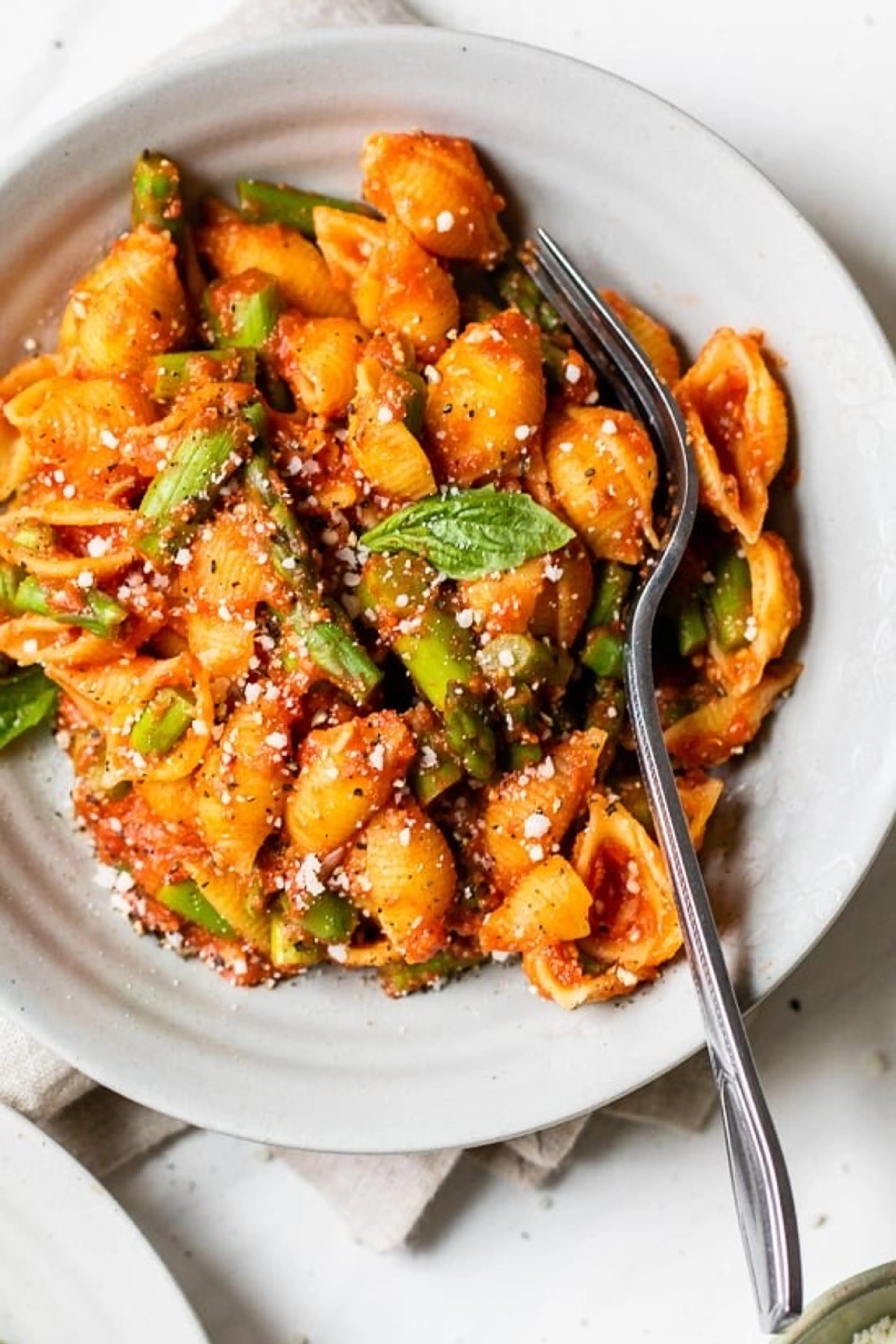 Baby Pasta Shells with Asparagus and Marinara Sauce