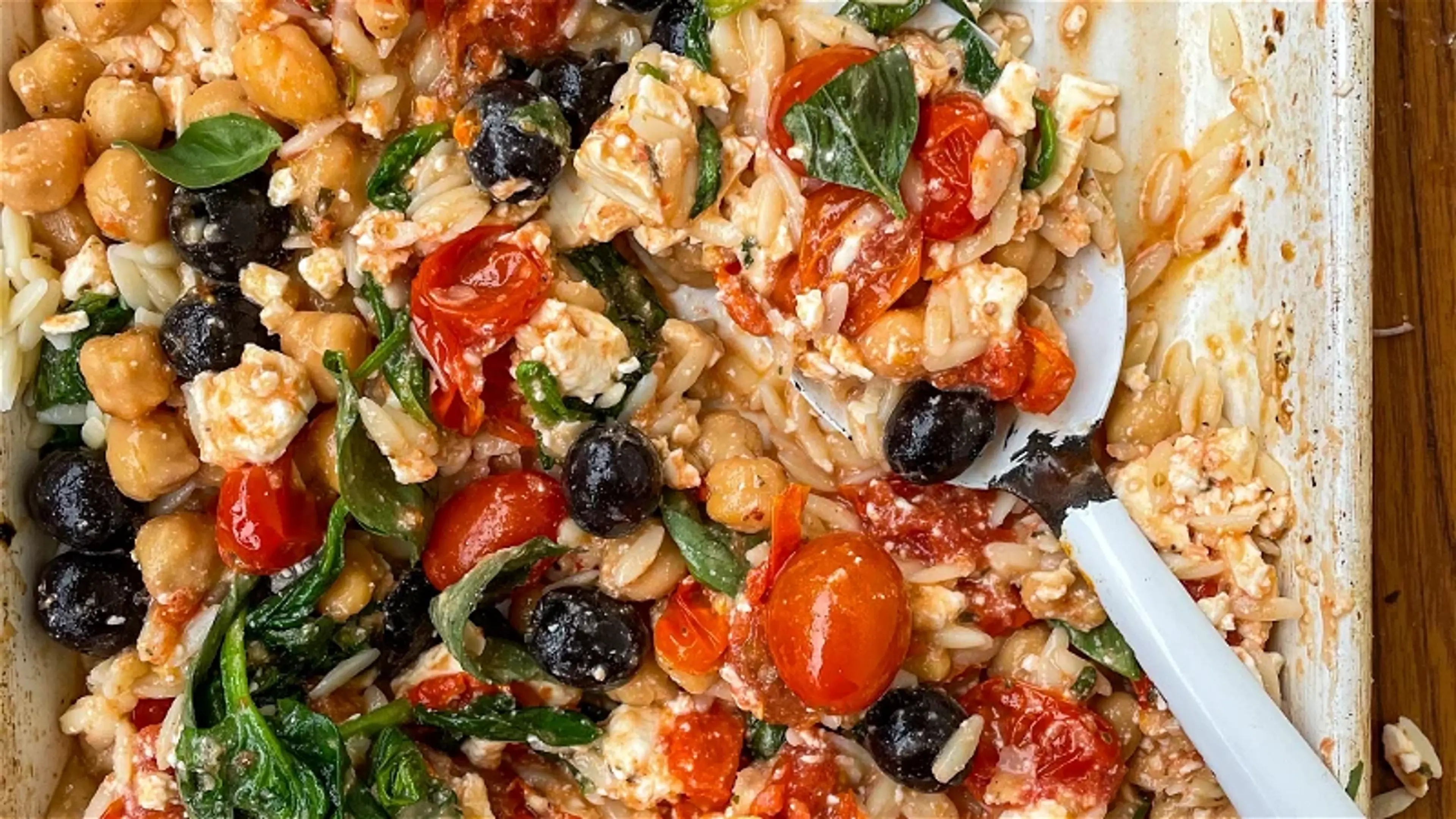 Chickpea, Tomato + Feta Traybake with Orzo