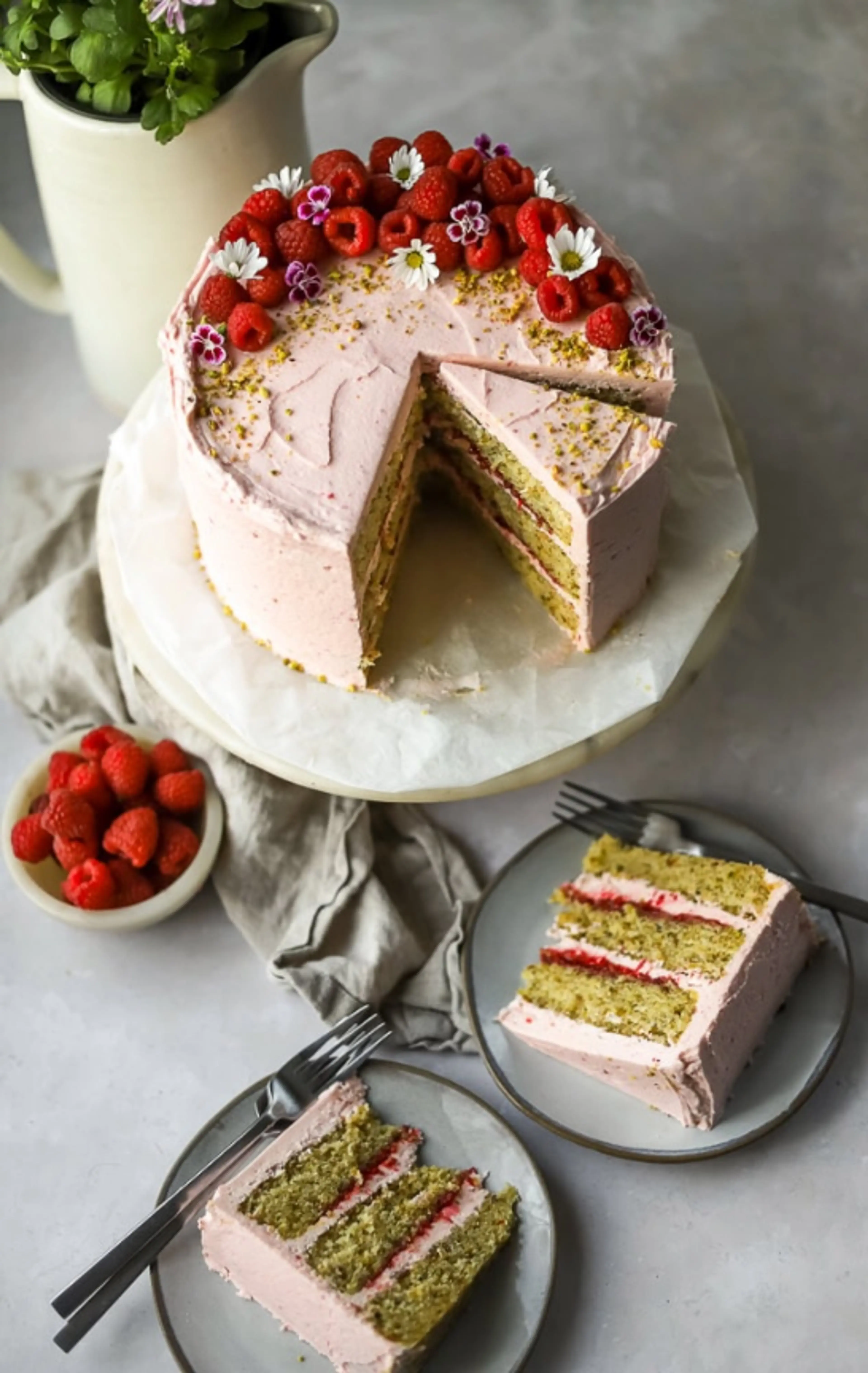 Raspberry Pistachio Layer Cake