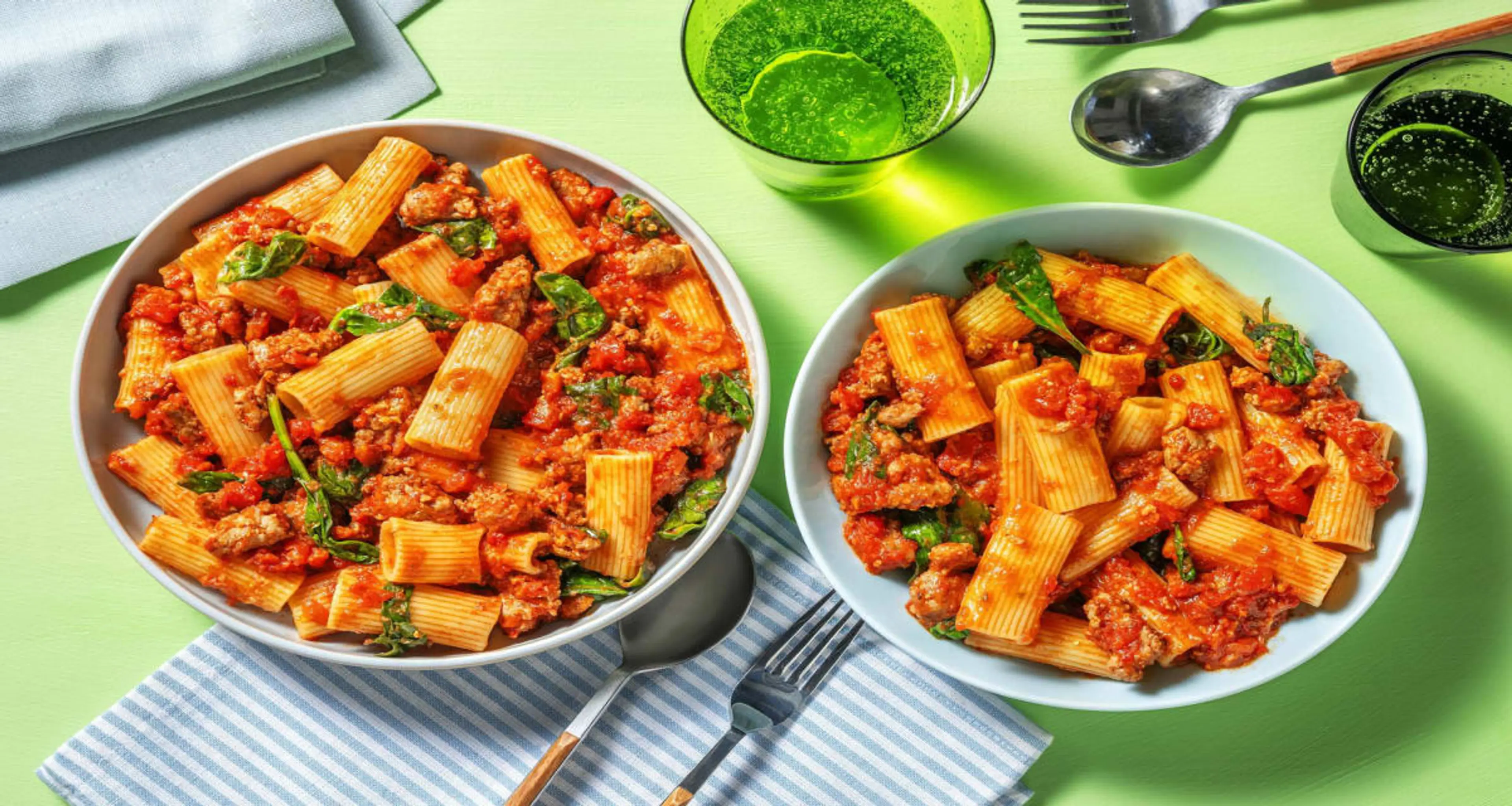 Speedy Sausage Rigatoni with Spinach and Cheese