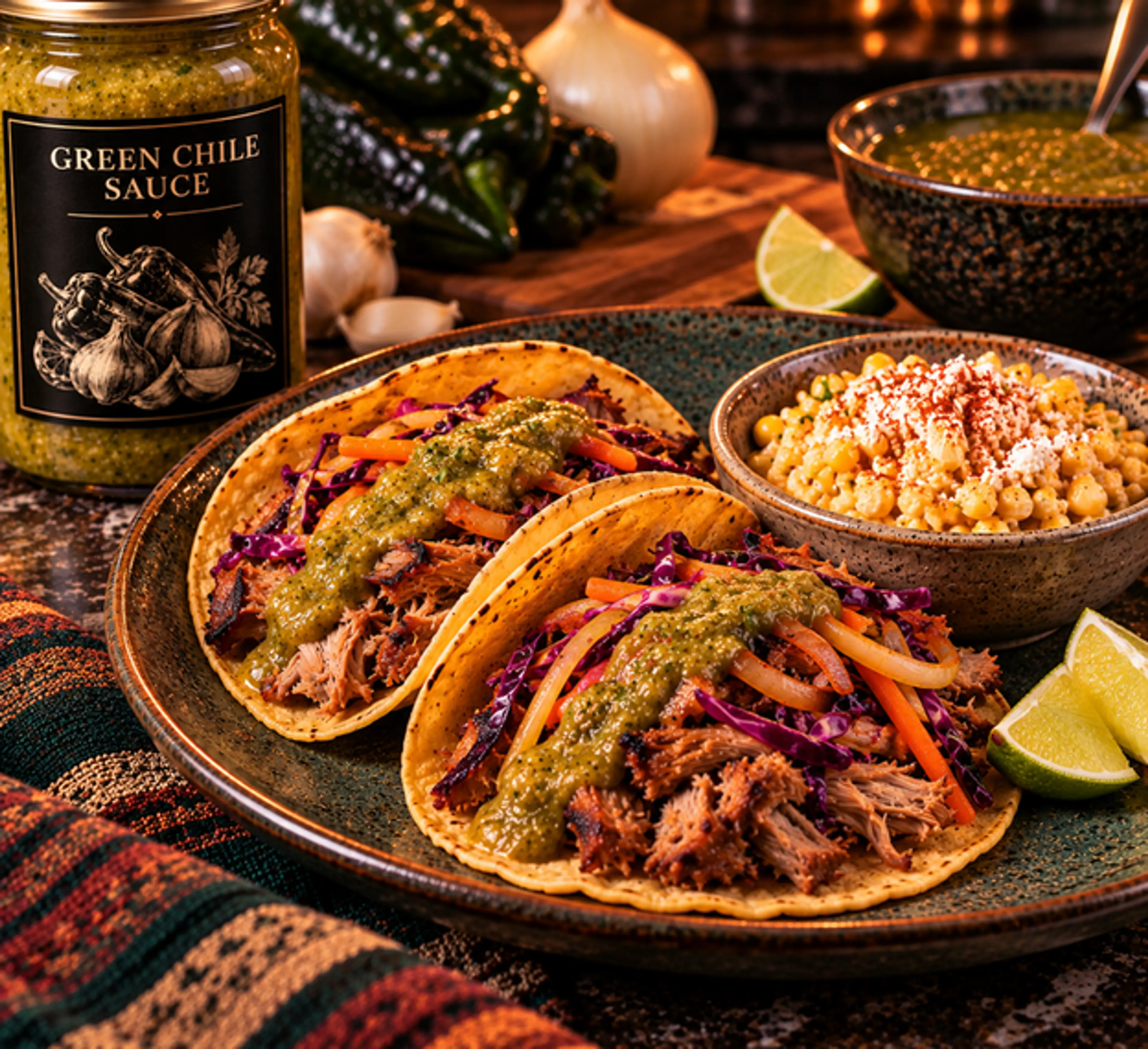 Green Chile Carnitas Tacos with Rainbow Veggies
