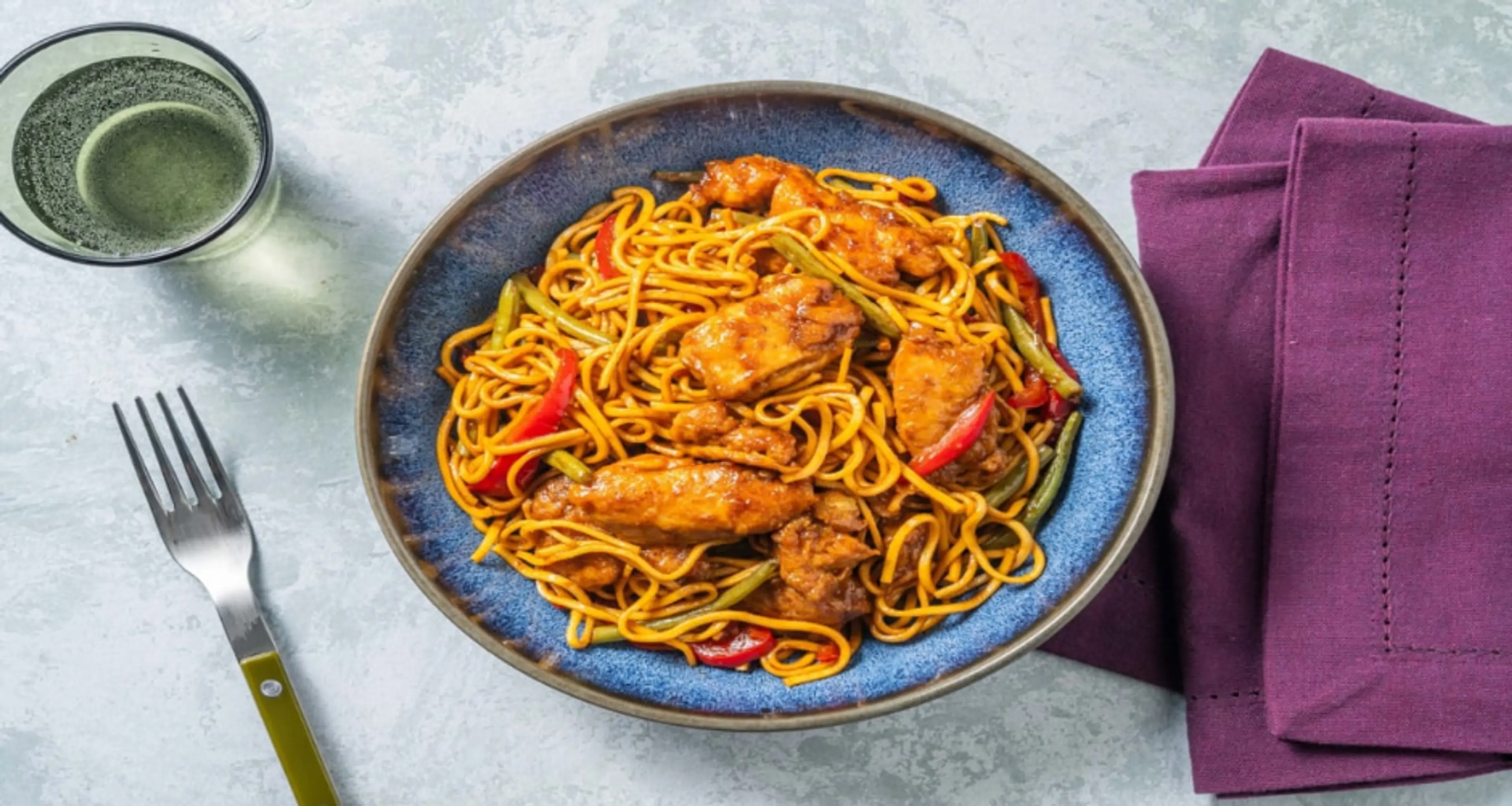 Sweet and Sticky Chicken Noodles with Bell Pepper and Green
