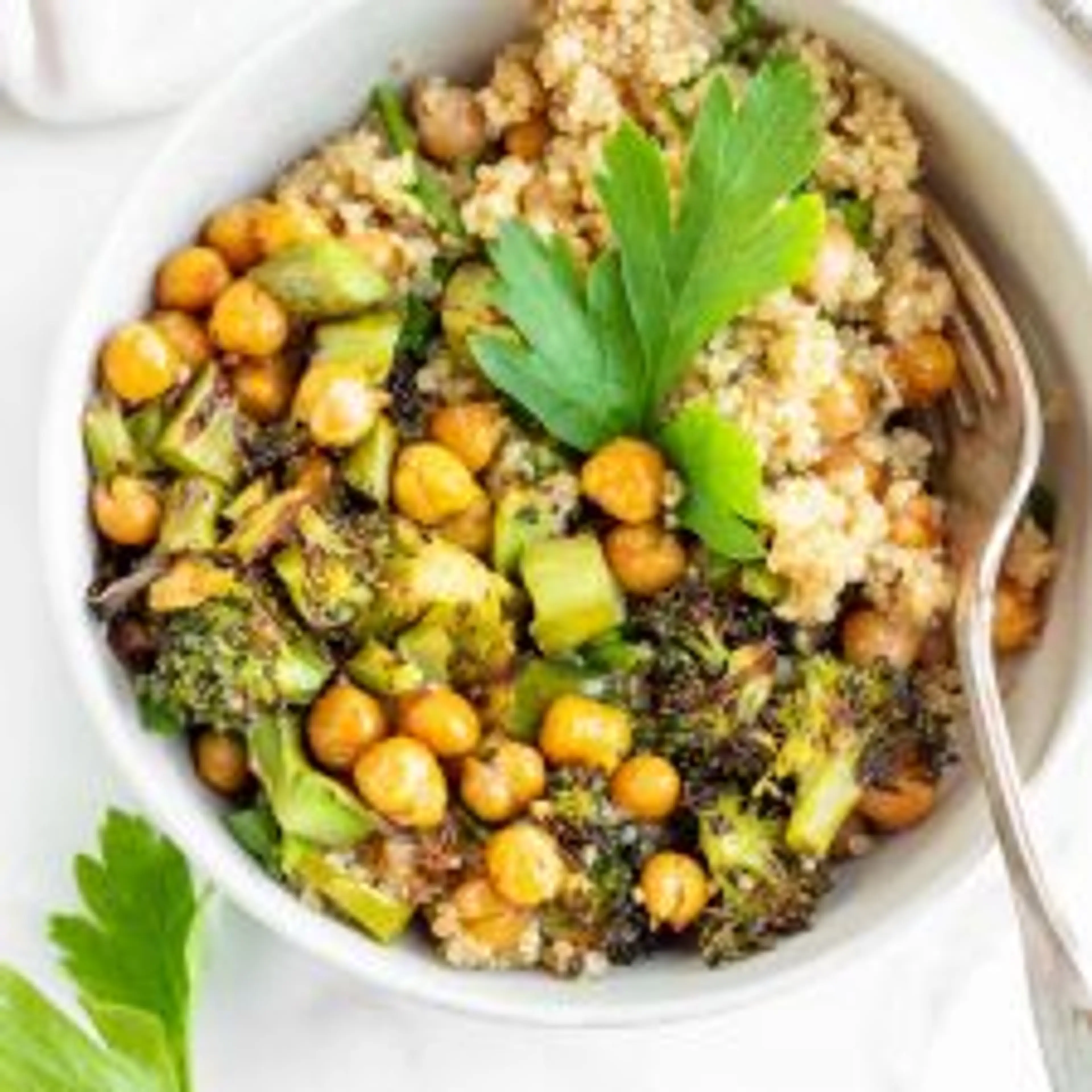 Roasted Broccoli Chickpea Quinoa Bowls
