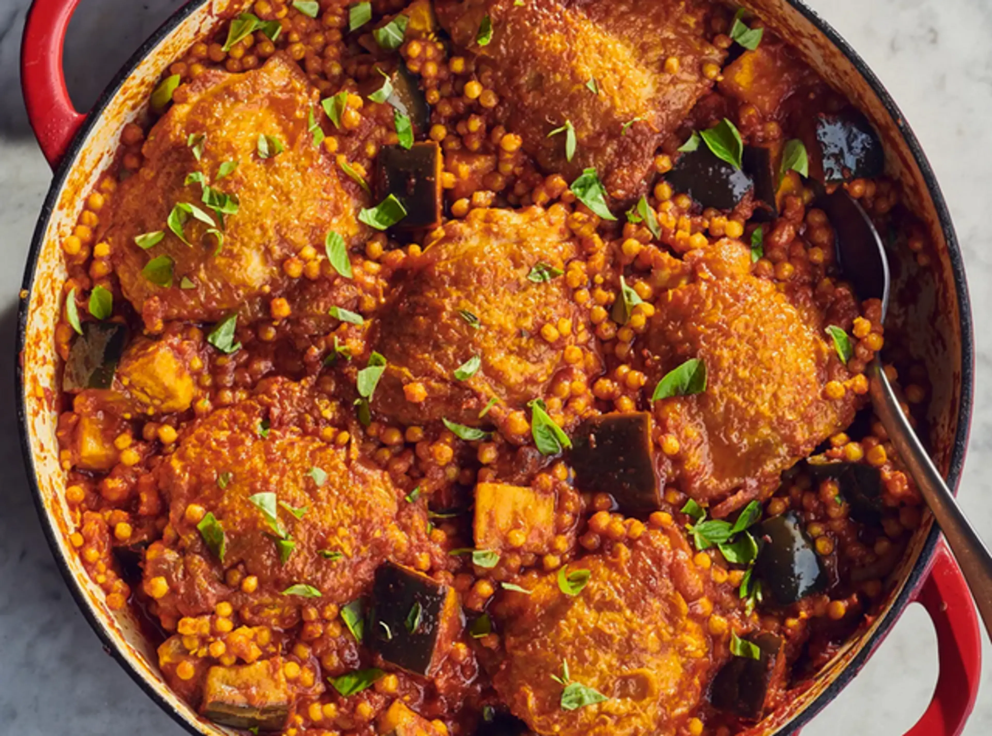 One Skillet Chicken Thighs w Couscous and Eggplant