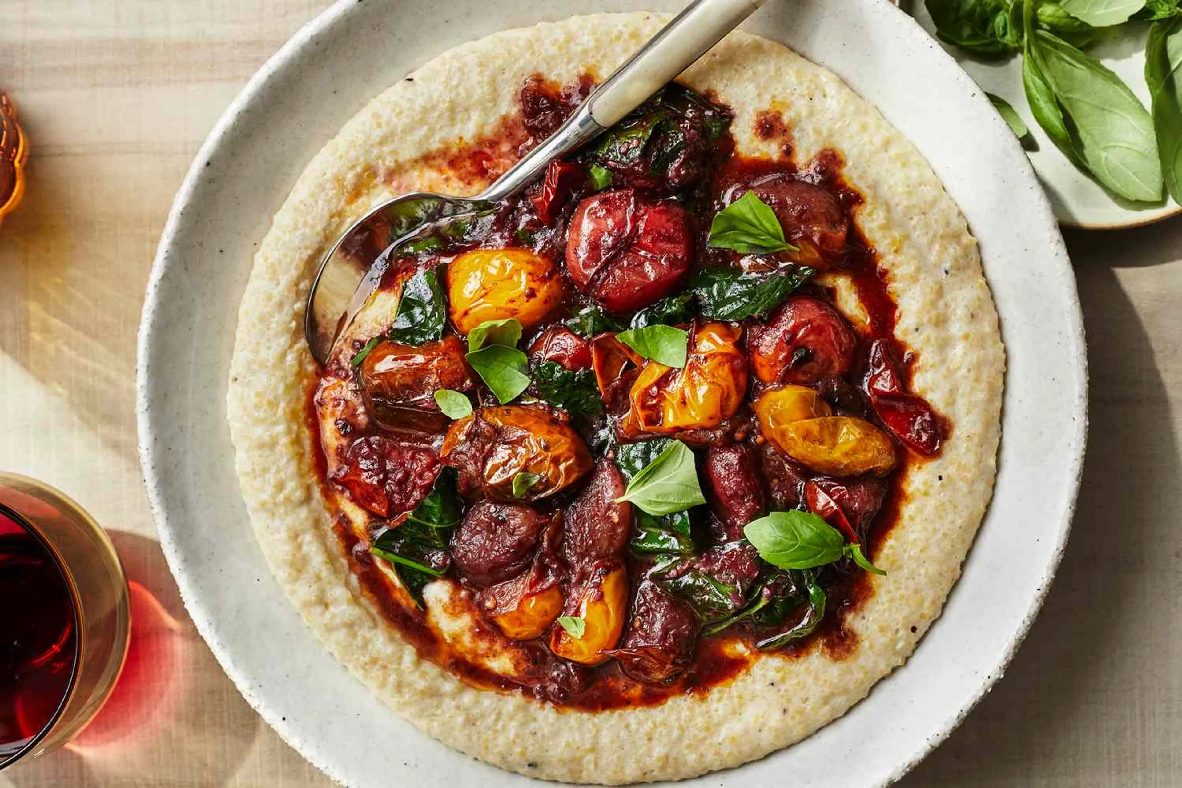 Creamy Polenta with Burst Cherry Tomato–and–Red Wine Ragout