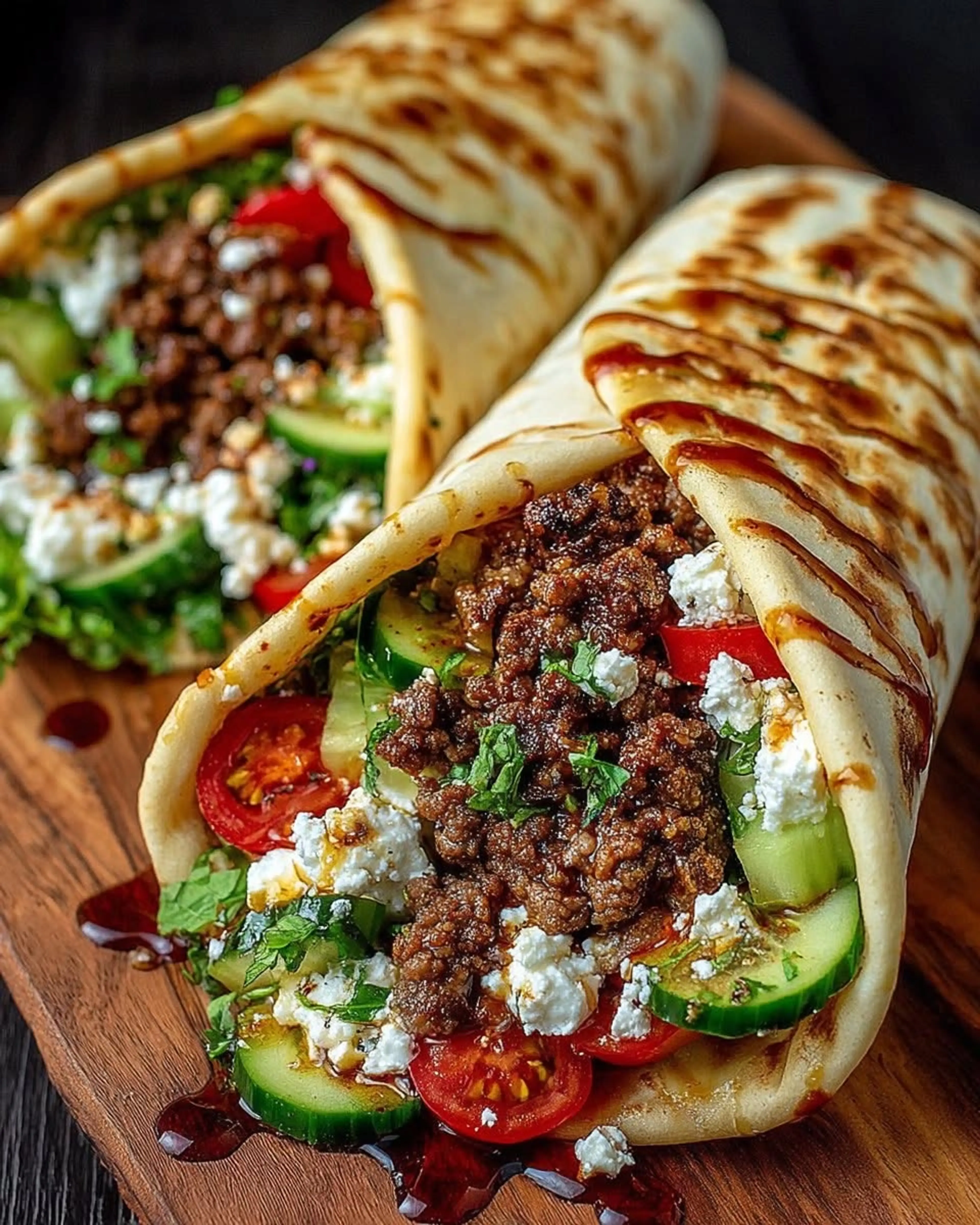 Greek Beef Wraps with Roasted Garlic Feta Sauce & Hot Honey