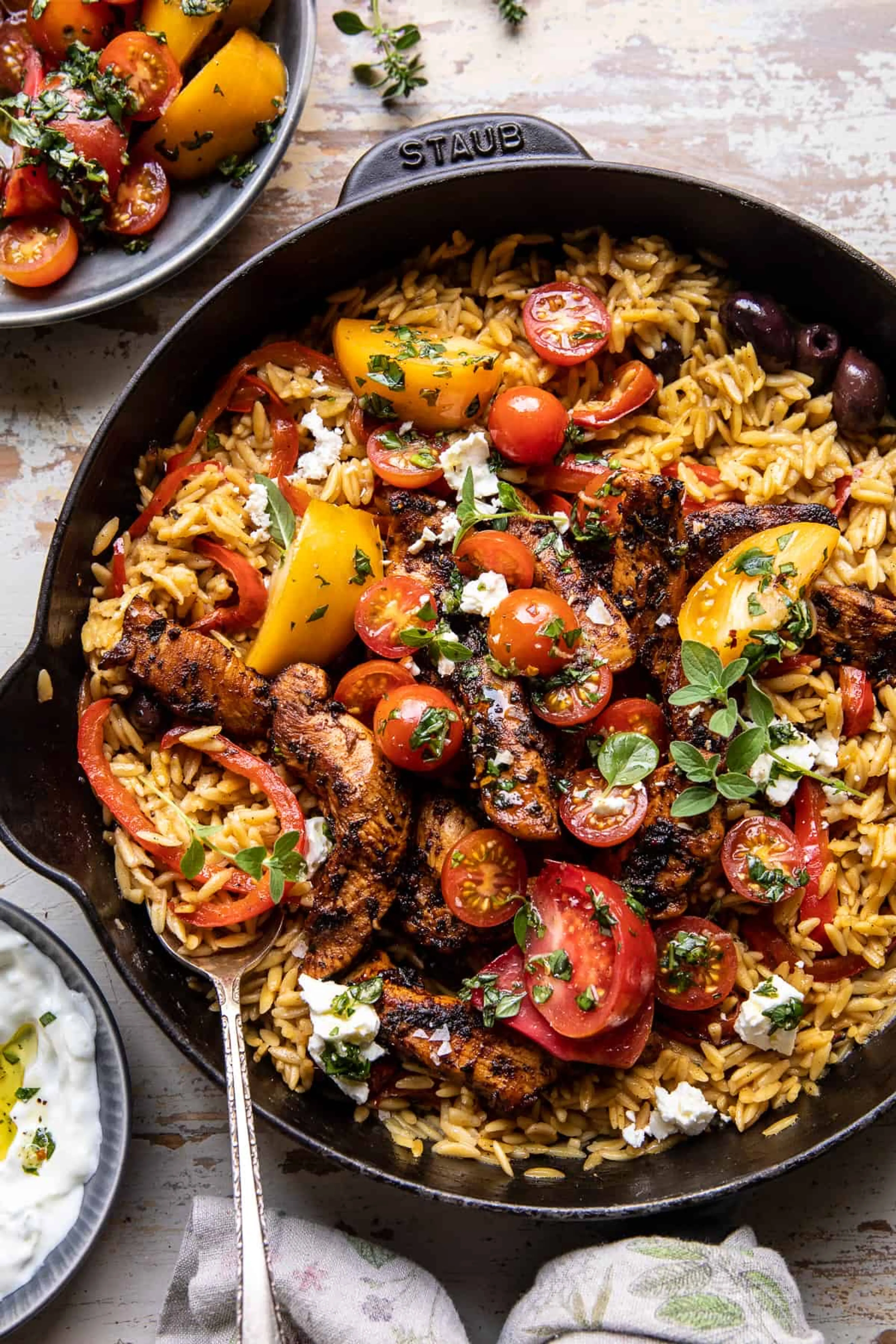 One Skillet Greek Chicken and Orzo with Tomatoes, Feta, and