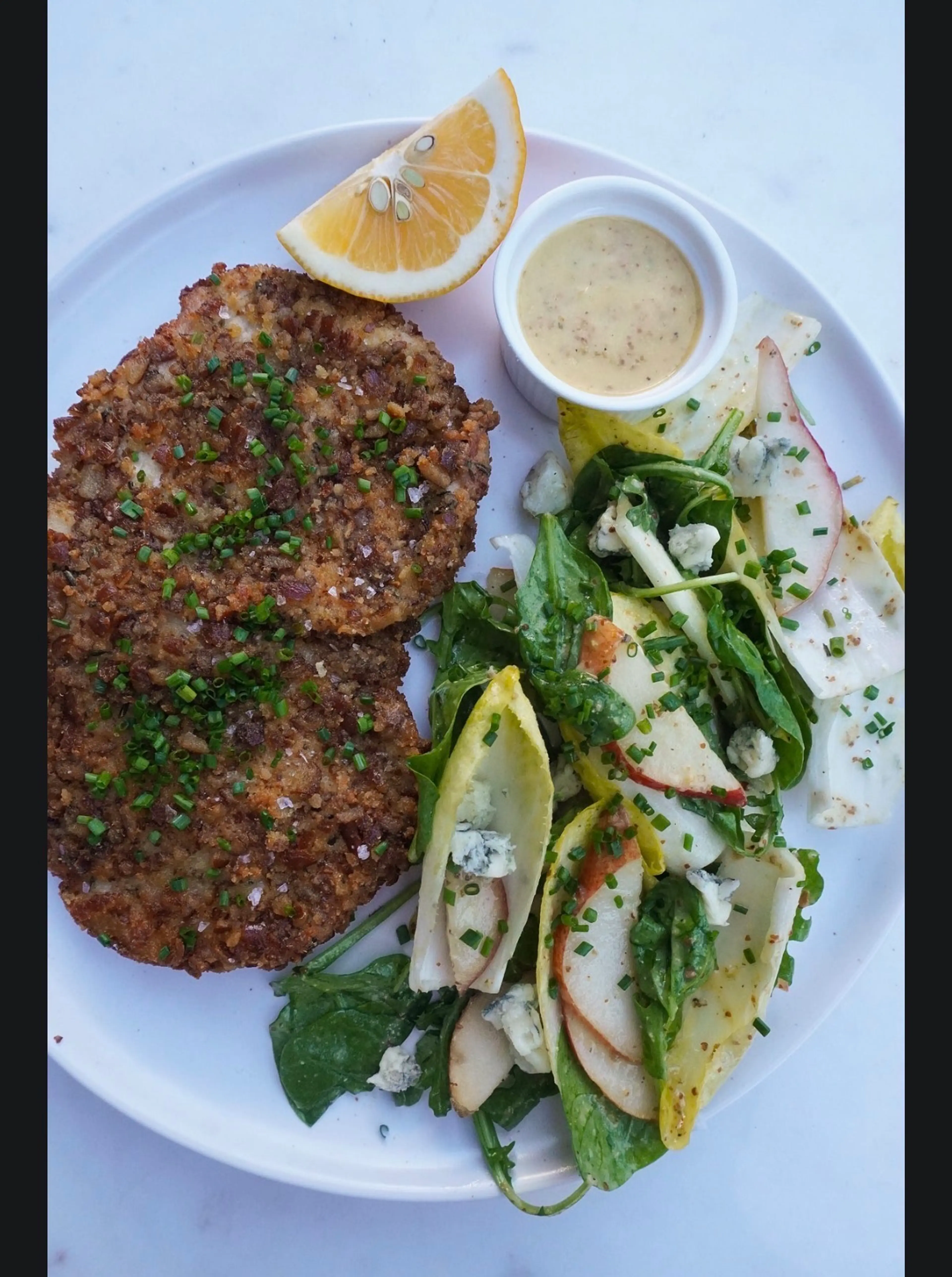 Rosemary Pretzel Crusted Pork Chop and Endive Salad Servings