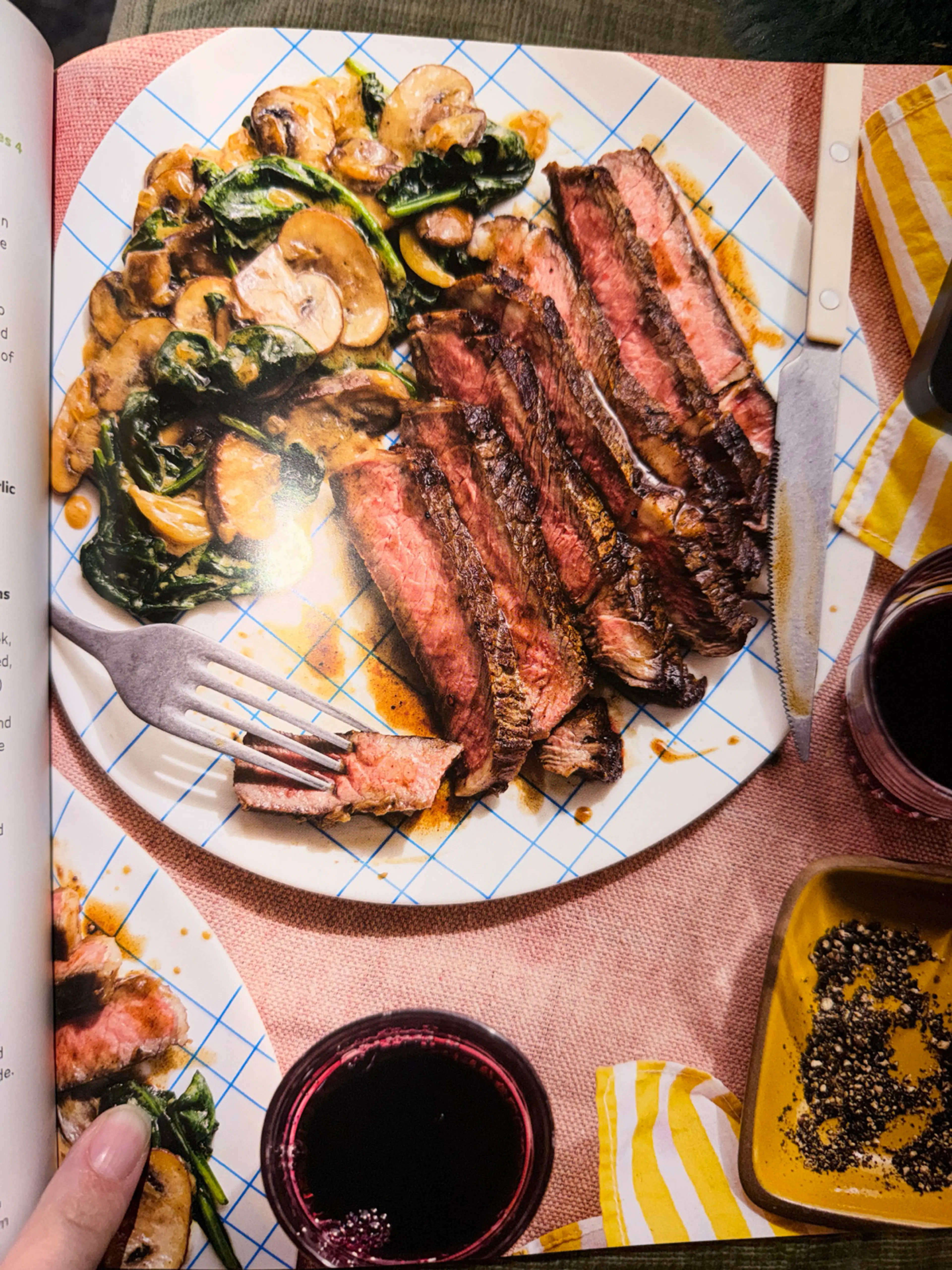 soy butter rib eyes WITH MISO-CREAMED SPINACH AND MUSHROOMS