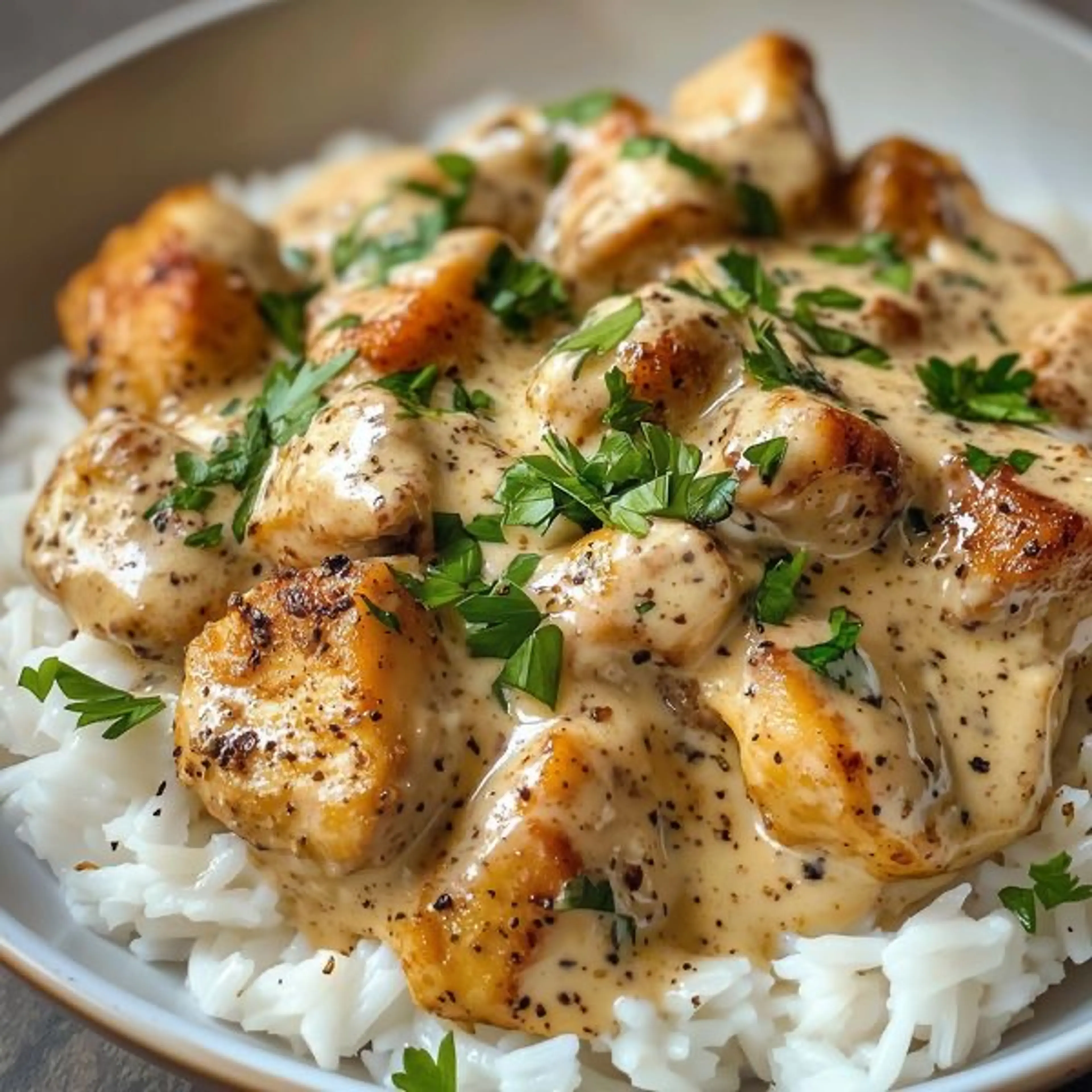 Creamy Chicken in Peppery Garlic Sauce Over Rice