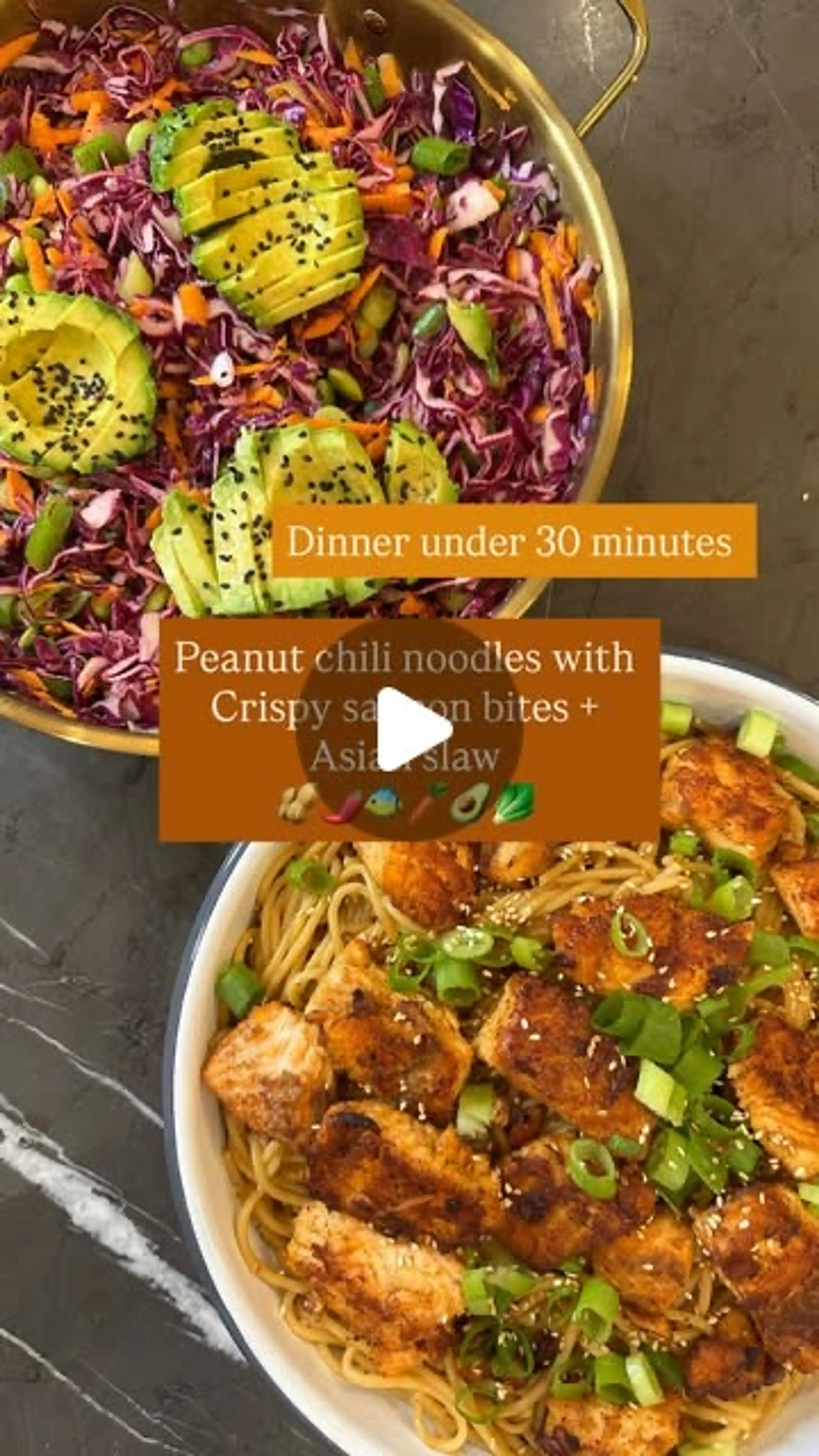 Salmon Bites, Peanut Chili Noodles & Tangy Asian Slaw