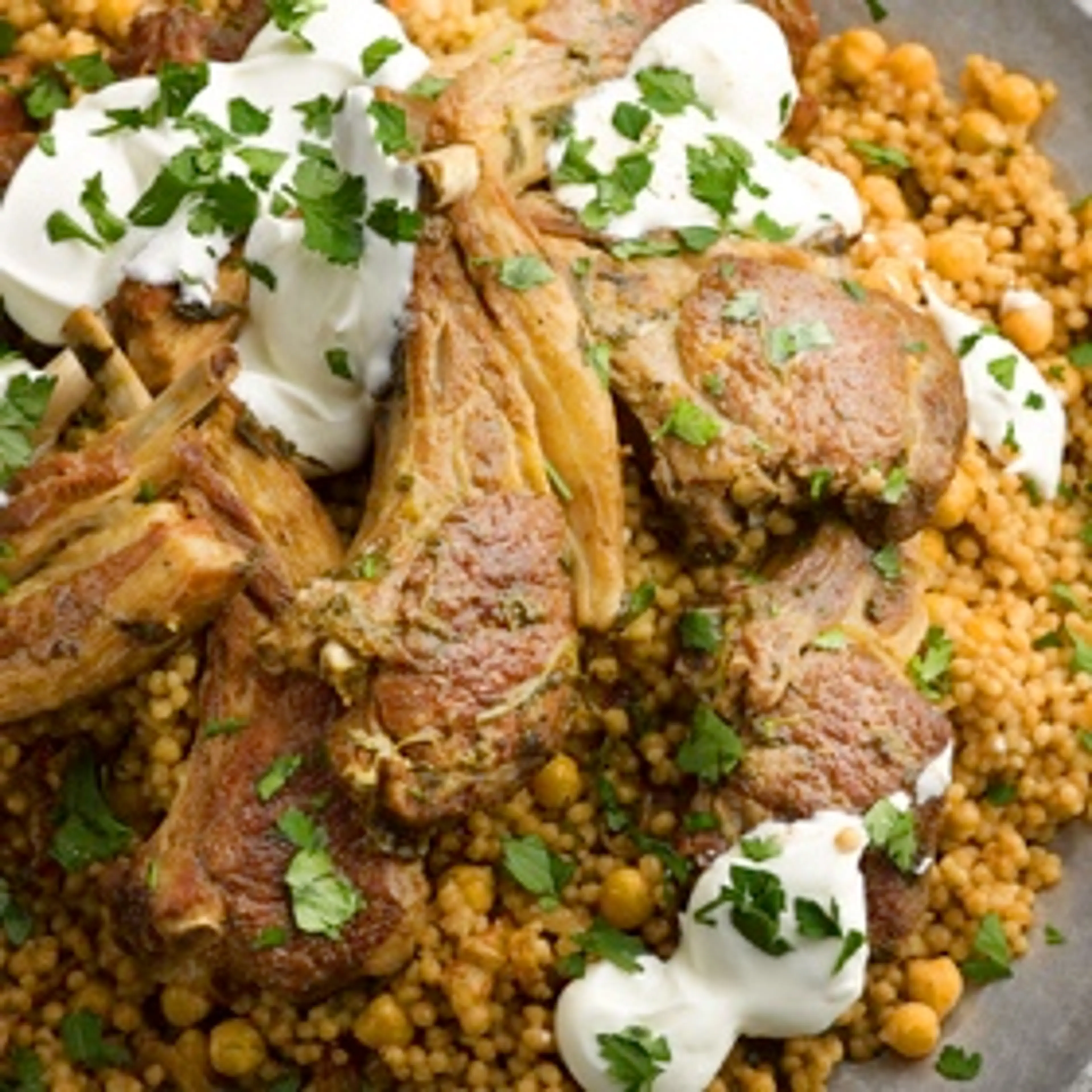 Braised Lamb with Couscous, Chickpeas and Dill Labneh